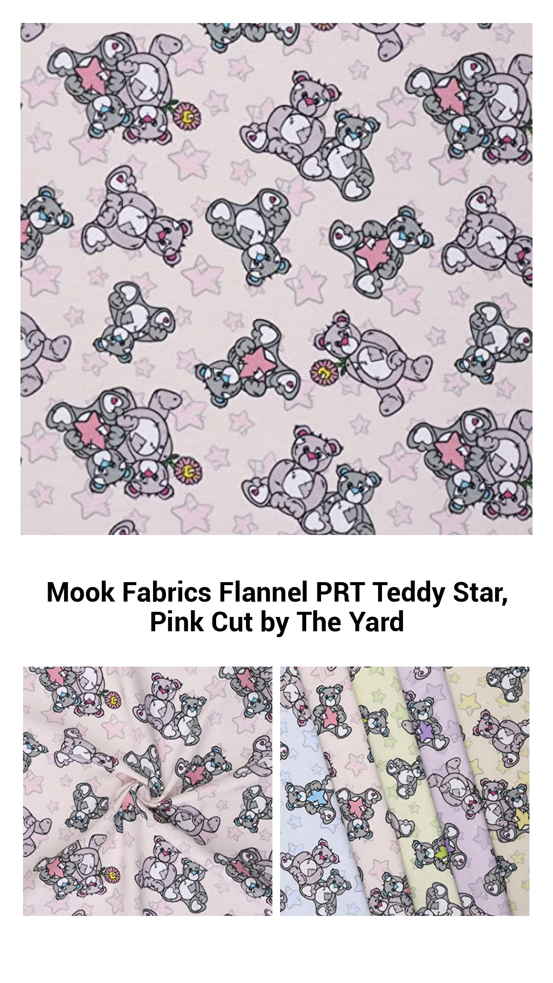 Mook Fabrics Flannel PRT Teddy Star, Pink Cut by The Yard Mook Fabrics Flannel PRT Teddy Star, Pink Cut by The Yard