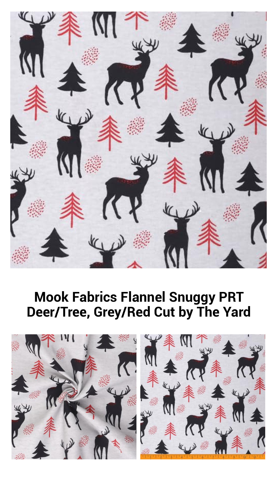 Cozy Flannel Fabric by the Yard – Rustic Deer & Tree Print in Grey and Red for Quilting, Apparel, and Home Decor