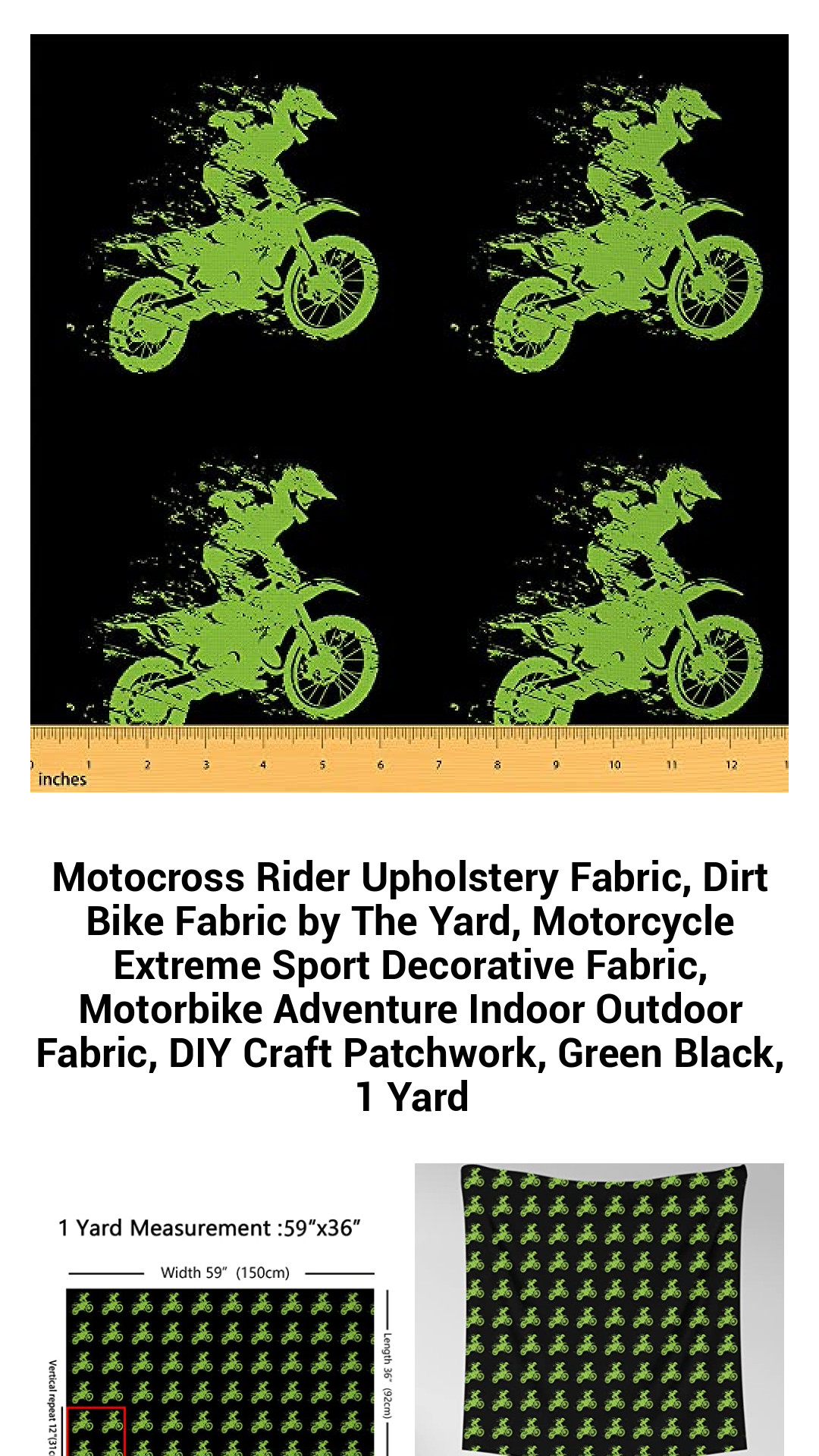 Adventure-Ready Motocross Upholstery Fabric - Durable Dirt Bike Decor Fabric for Creative DIY Projects | Green & Black, 1 Yard