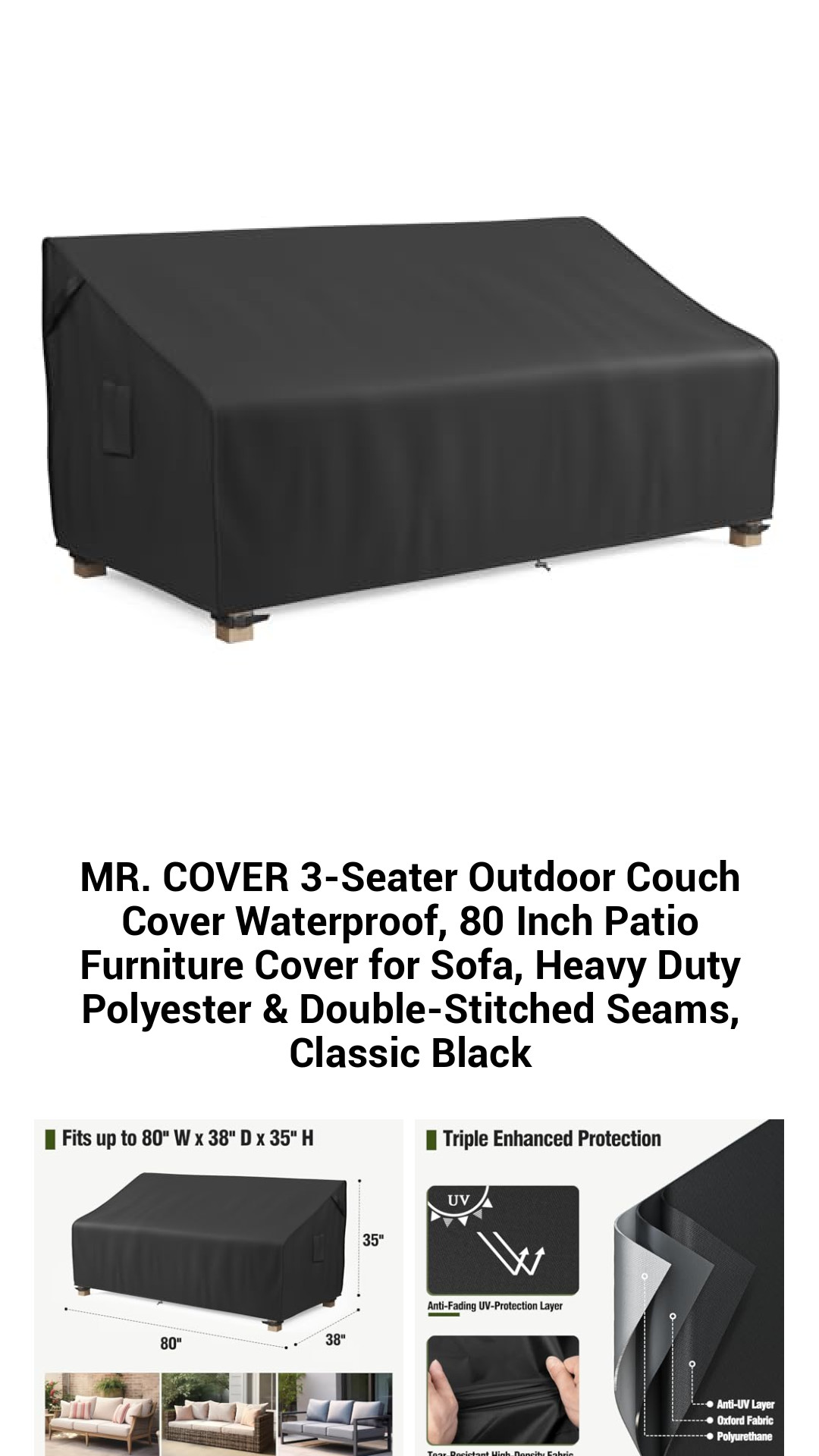 MR. COVER 3-Seater Outdoor Couch Cover Waterproof, 80 Inch Patio Furniture Cover for Sofa, Heavy Duty Polyester & Double-Stitched Seams, Classic Black MR. COVER 3-Seater Outdoor Couch Cover Waterproof, 80 Inch Patio Furniture Cover for Sofa, Heavy Duty Polyester & Double-Stitched Seams, Classic Black