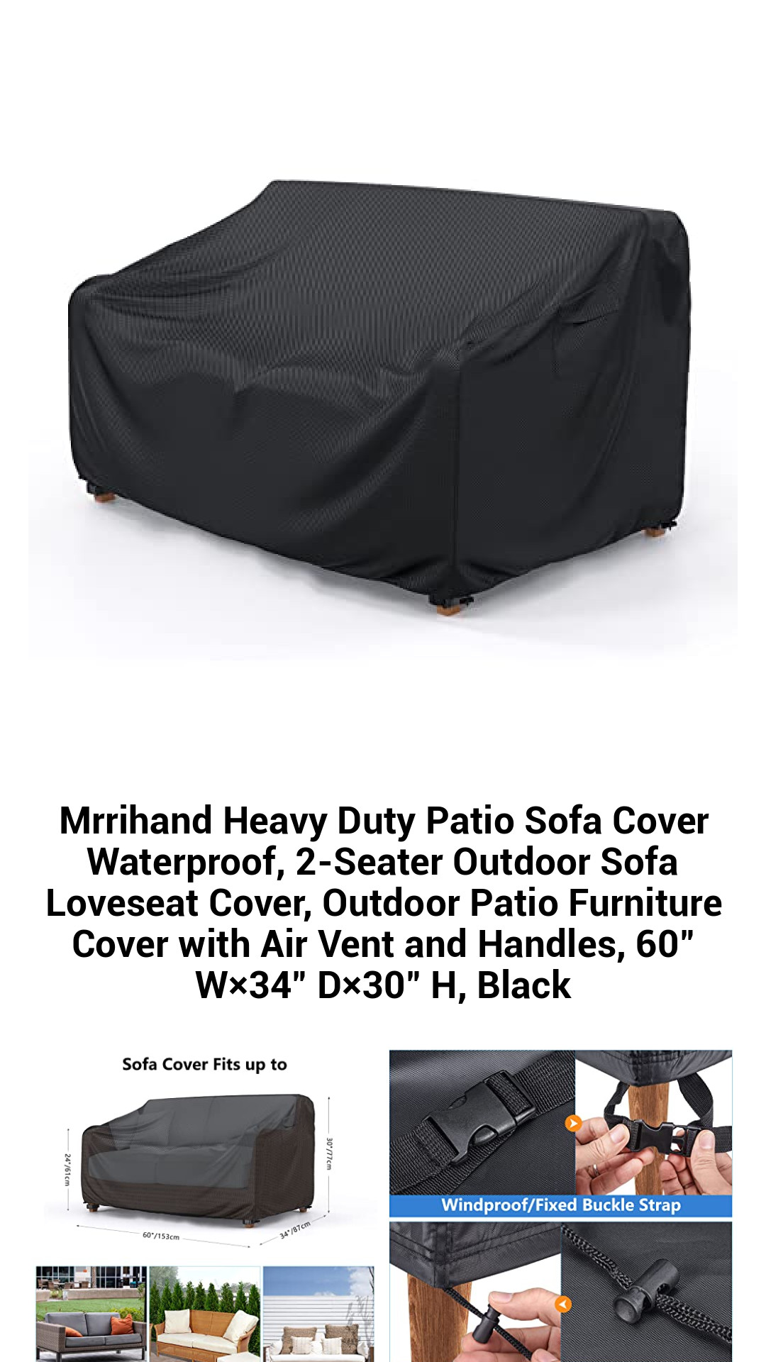Durable Waterproof Outdoor Sofa Cover for 2-Seater Loveseat, Heavy Duty with Air Vent & Handles - 60" W x 34" D x 30" H, Stylish Black Design