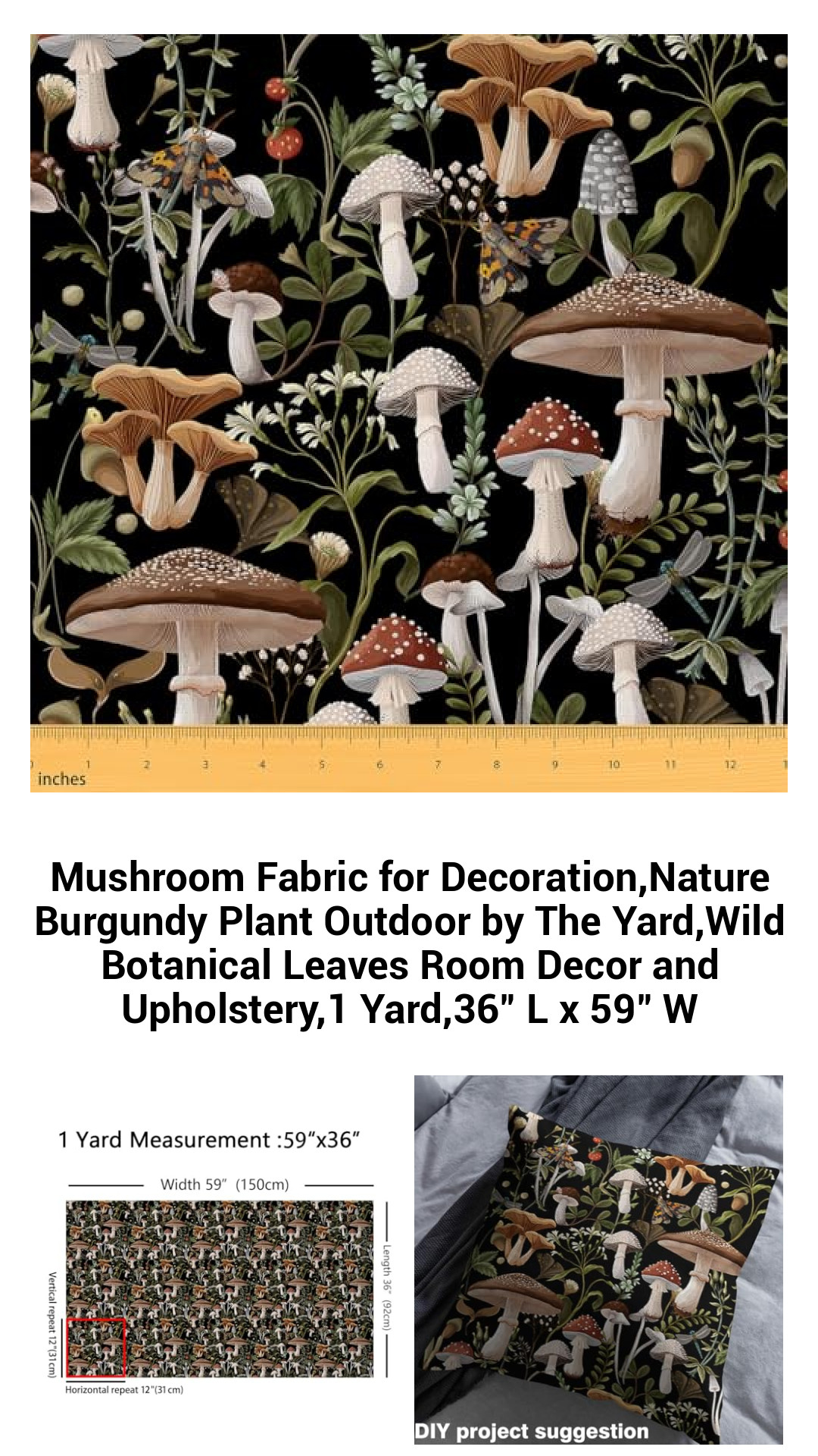 Mushroom Fabric for Decoration,Nature Burgundy Plant Outdoor by The Yard,Wild Botanical Leaves Room Decor and Upholstery,1 Yard,36" L x 59" W Mushroom Fabric for Decoration,Nature Burgundy Plant Outdoor by The Yard,Wild Botanical Leaves Room Decor and Upholstery,1 Yard,36" L x 59" W
