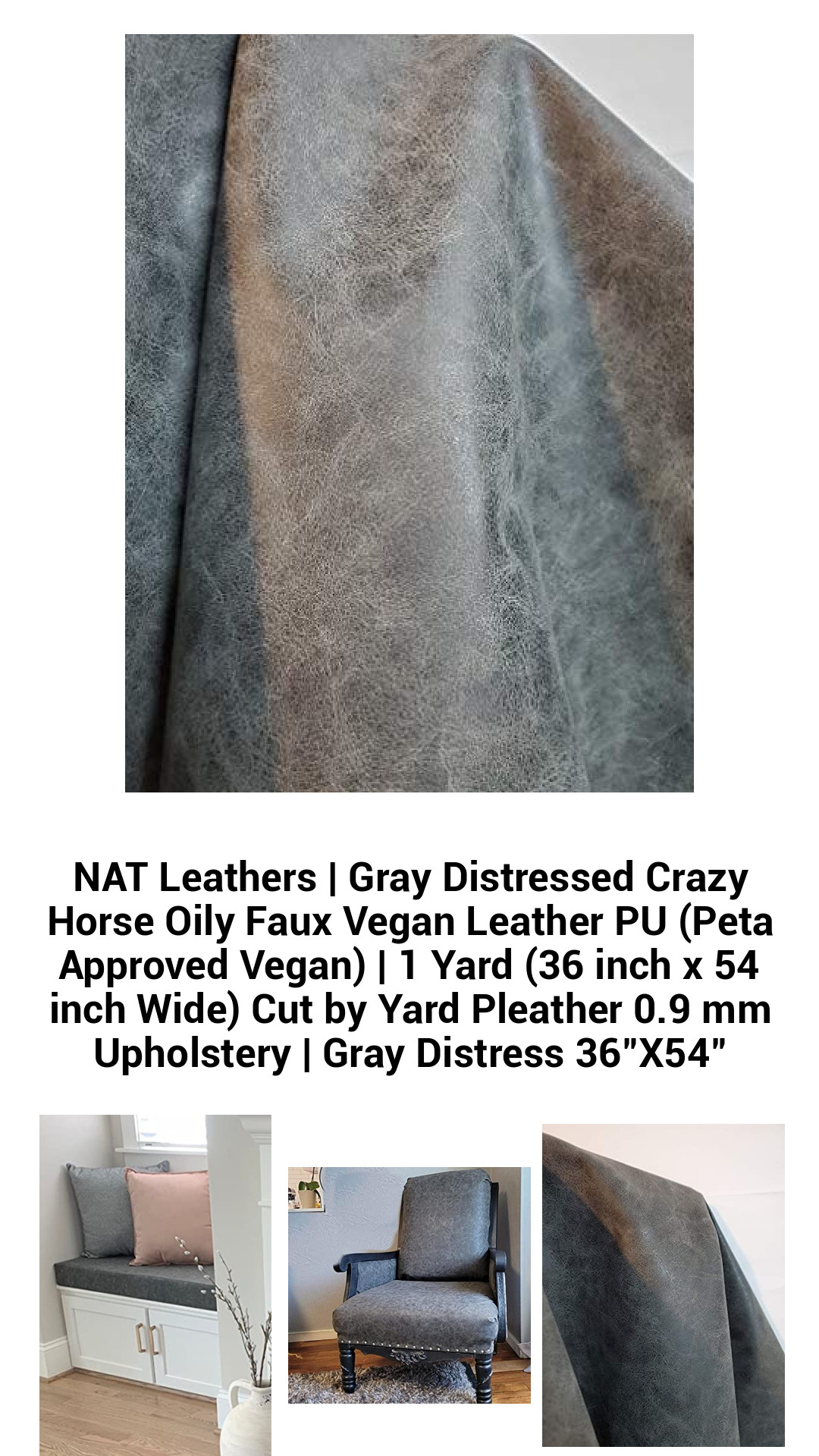 NAT Leathers | Gray Distressed Crazy Horse Oily Faux Vegan Leather PU (Peta Approved Vegan) | 1 Yard (36 inch x 54 inch Wide) Cut by Yard Pleather 0.9 mm Upholstery | Gray Distress 36"X54" NAT Leathers | Gray Distressed Crazy Horse Oily Faux Vegan Leather PU (Peta Approved Vegan) | 1 Yard (36 inch x 54 inch Wide) Cut by Yard Pleather 0.9 mm Upholstery | Gray Distress 36"X54"