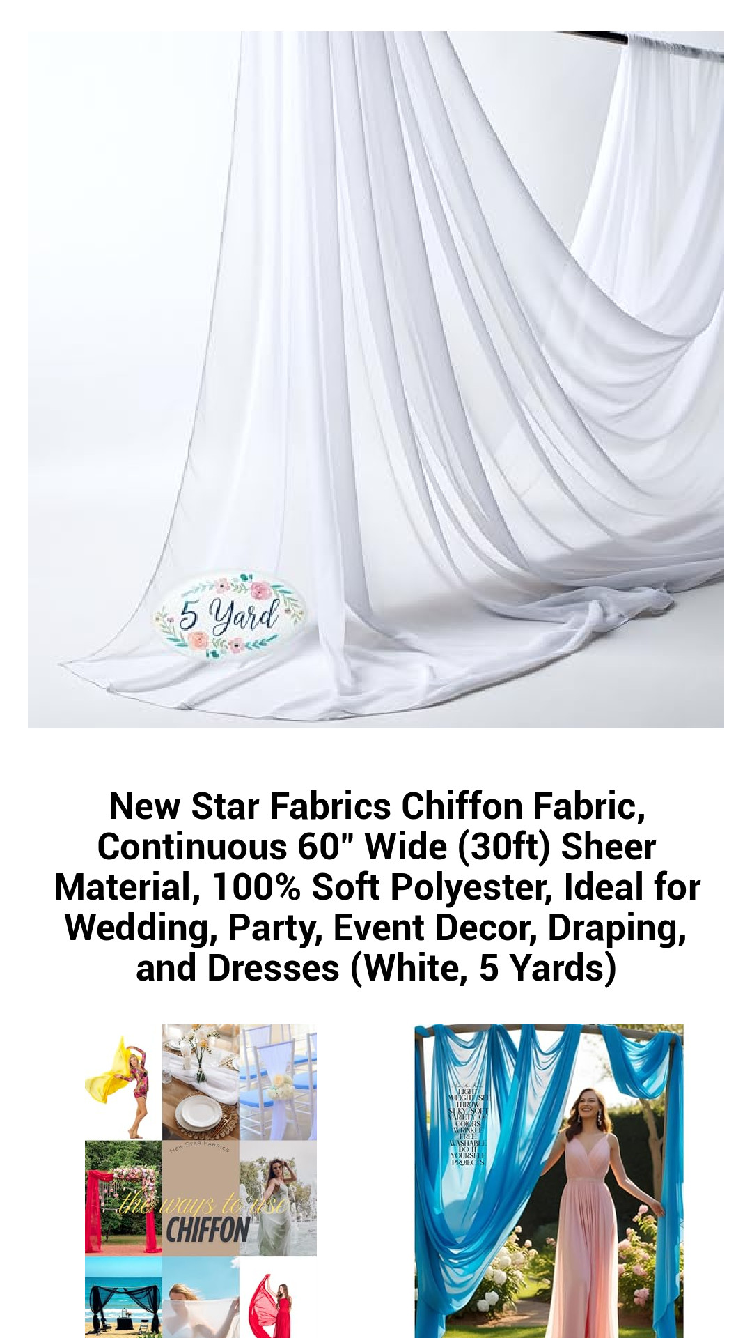 Luxurious 100% Soft Polyester Chiffon Fabric - 60-Inch Wide Sheer Material for Weddings, Parties, and DIY Projects (5 Yards, White)