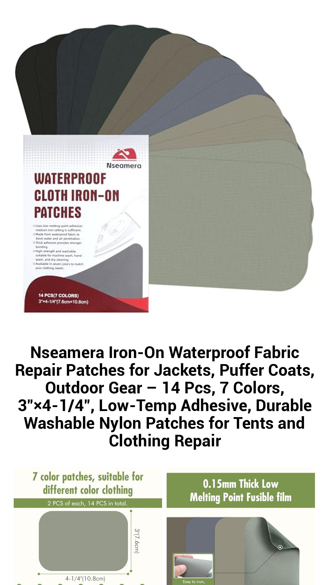 Ultimate Waterproof Iron-On Fabric Repair Patches – 14 Durable Nylon Patches in 7 Colors for Jackets, Coats, and Outdoor Gear Repair
