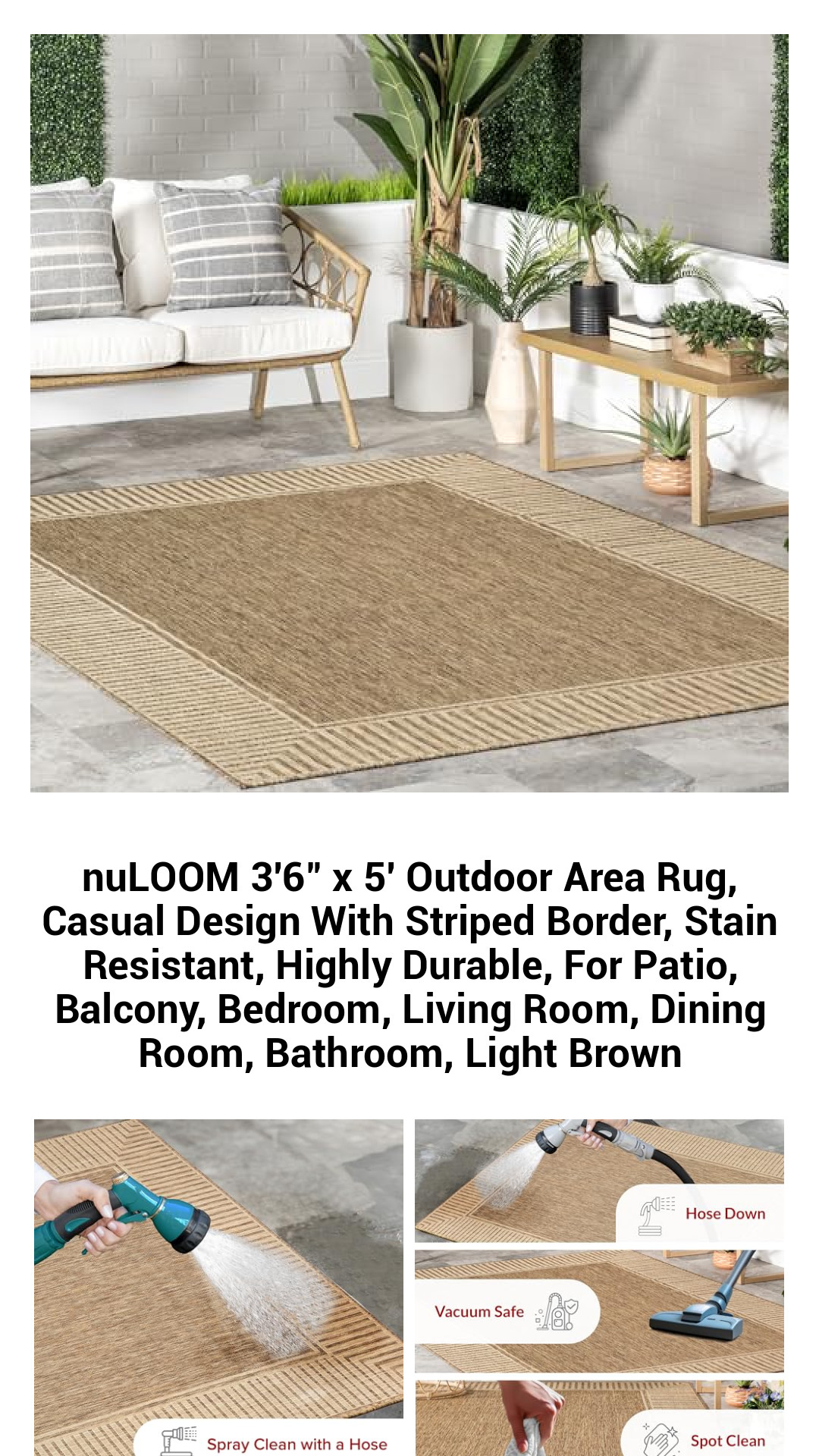 nuLOOM 3'6" x 5' Outdoor Area Rug, Casual Design With Striped Border, Stain Resistant, Highly Durable, For Patio, Balcony, Bedroom, Living Room, Dining Room, Bathroom, Light Brown nuLOOM 3'6" x 5' Outdoor Area Rug, Casual Design With Striped Border, Stain Resistant, Highly Durable, For Patio, Balcony, Bedroom, Living Room, Dining Room, Bathroom, Light Brown