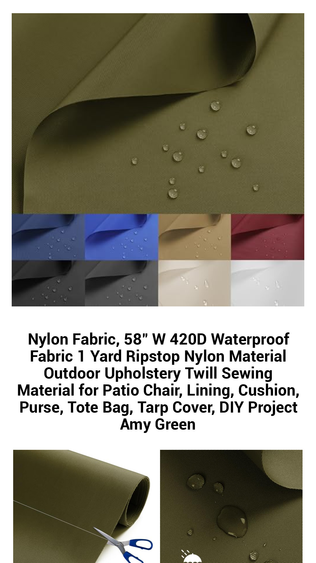 Nylon Fabric, 58" W 420D Waterproof Fabric 1 Yard Ripstop Nylon Material Outdoor Upholstery Twill Sewing Material for Patio Chair, Lining, Cushion, Purse, Tote Bag, Tarp Cover, DIY Project Amy Green Nylon Fabric, 58" W 420D Waterproof Fabric 1 Yard Ripstop Nylon Material Outdoor Upholstery Twill Sewing Material for Patio Chair, Lining, Cushion, Purse, Tote Bag, Tarp Cover, DIY Project Amy Green