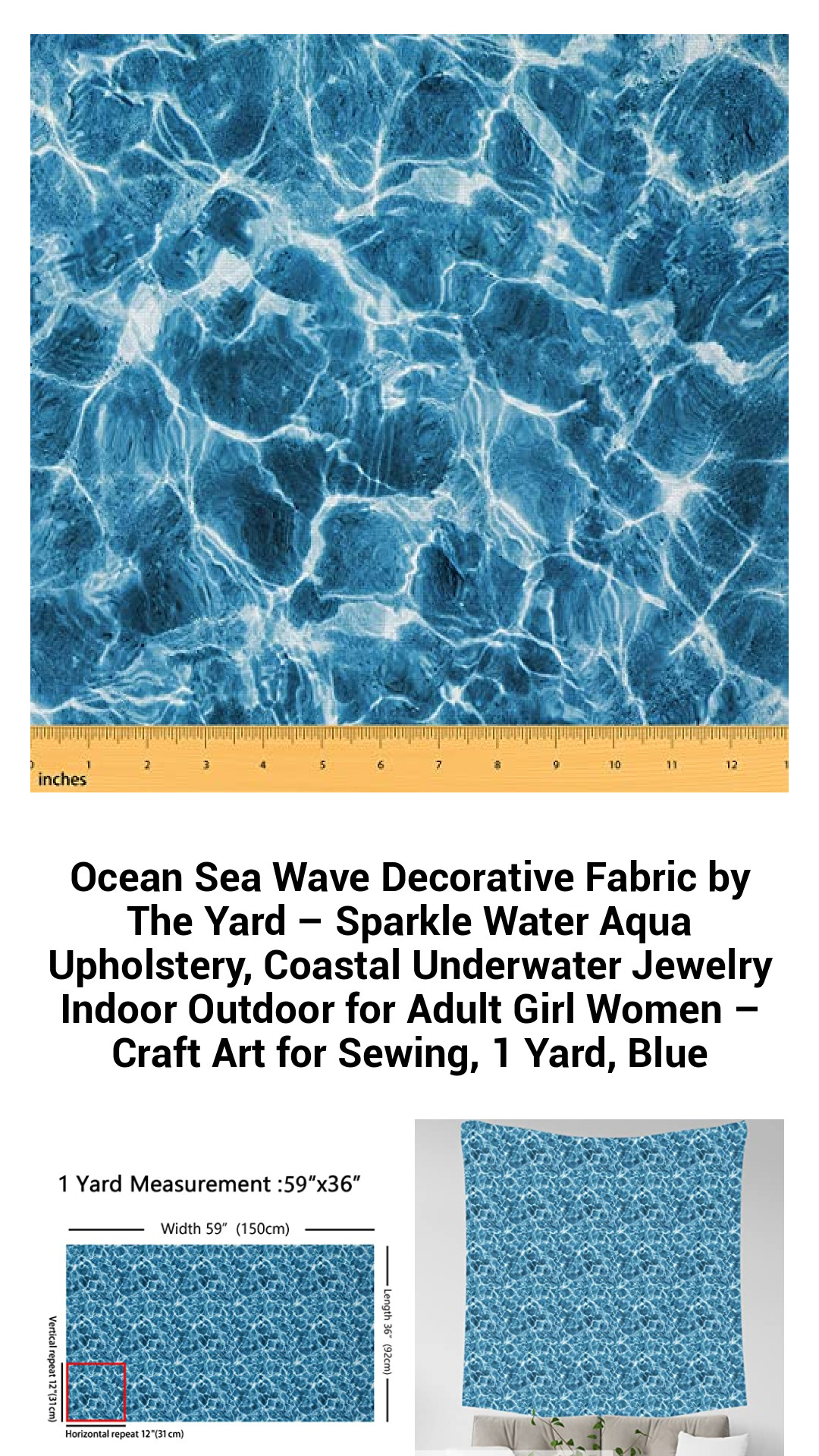 Coastal Aqua Wave Fabric by the Yard – Sparkling Underwater Upholstery for Stylish Home & Craft Projects – Durable, Waterproof Material for Indoor & Outdoor Use