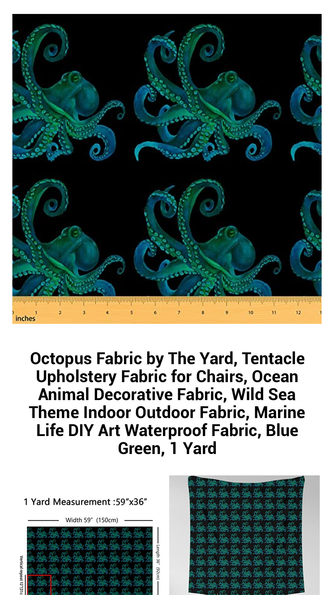 Octopus Fabric by The Yard, Tentacle Upholstery Fabric for Chairs, Ocean Animal Decorative Fabric, Wild Sea Theme Indoor Outdoor Fabric, Marine Life DIY Art Waterproof Fabric, Blue Green, 1 Yard Octopus Fabric by The Yard, Tentacle Upholstery Fabric for Chairs, Ocean Animal Decorative Fabric, Wild Sea Theme Indoor Outdoor Fabric, Marine Life DIY Art Waterproof Fabric, Blue Green, 1 Yard