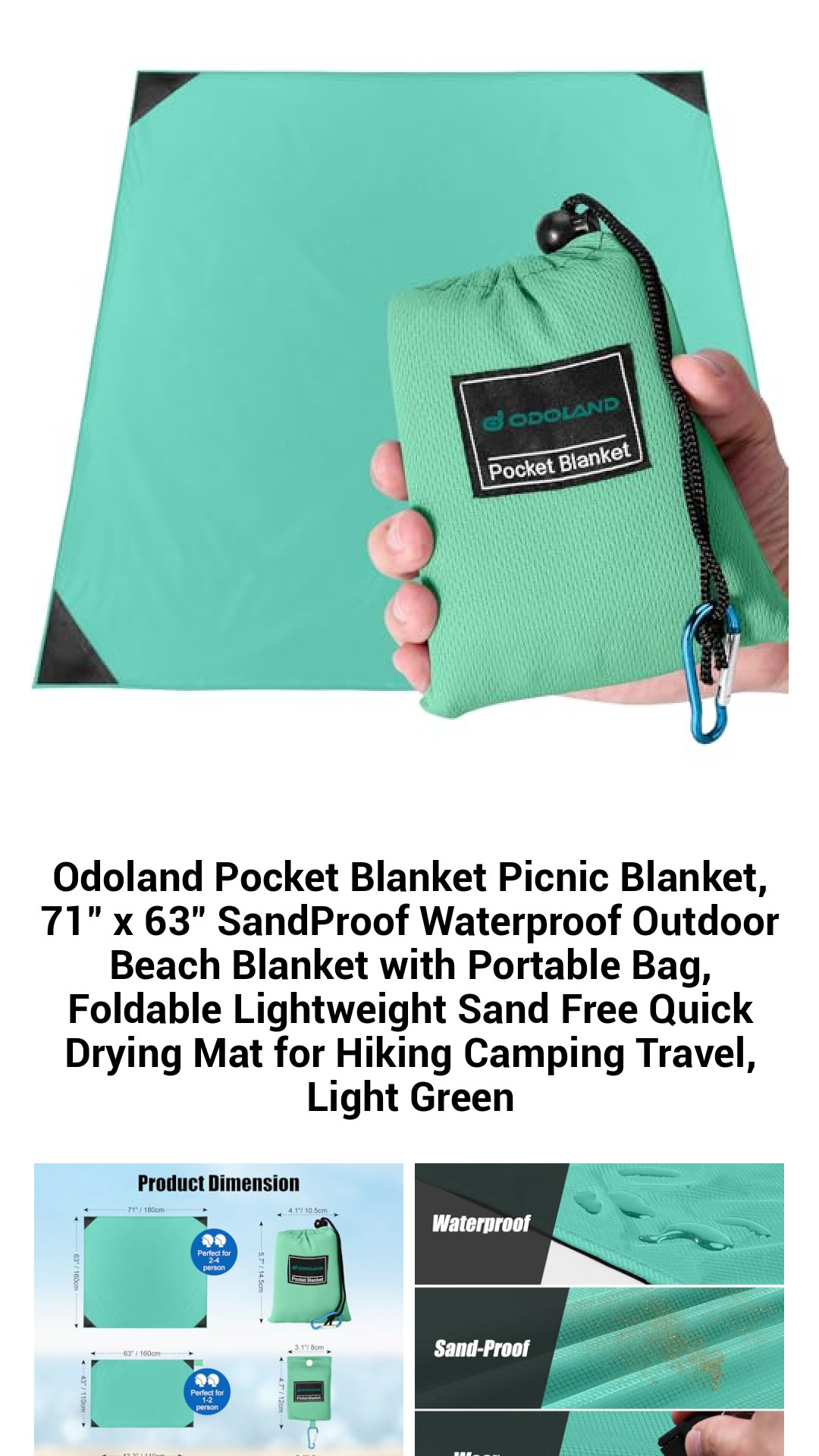 Ultimate Lightweight Pocket Blanket - 71" x 63" Waterproof Sandproof Outdoor Mat with Portable Carry Bag for Beach, Camping, and Picnics