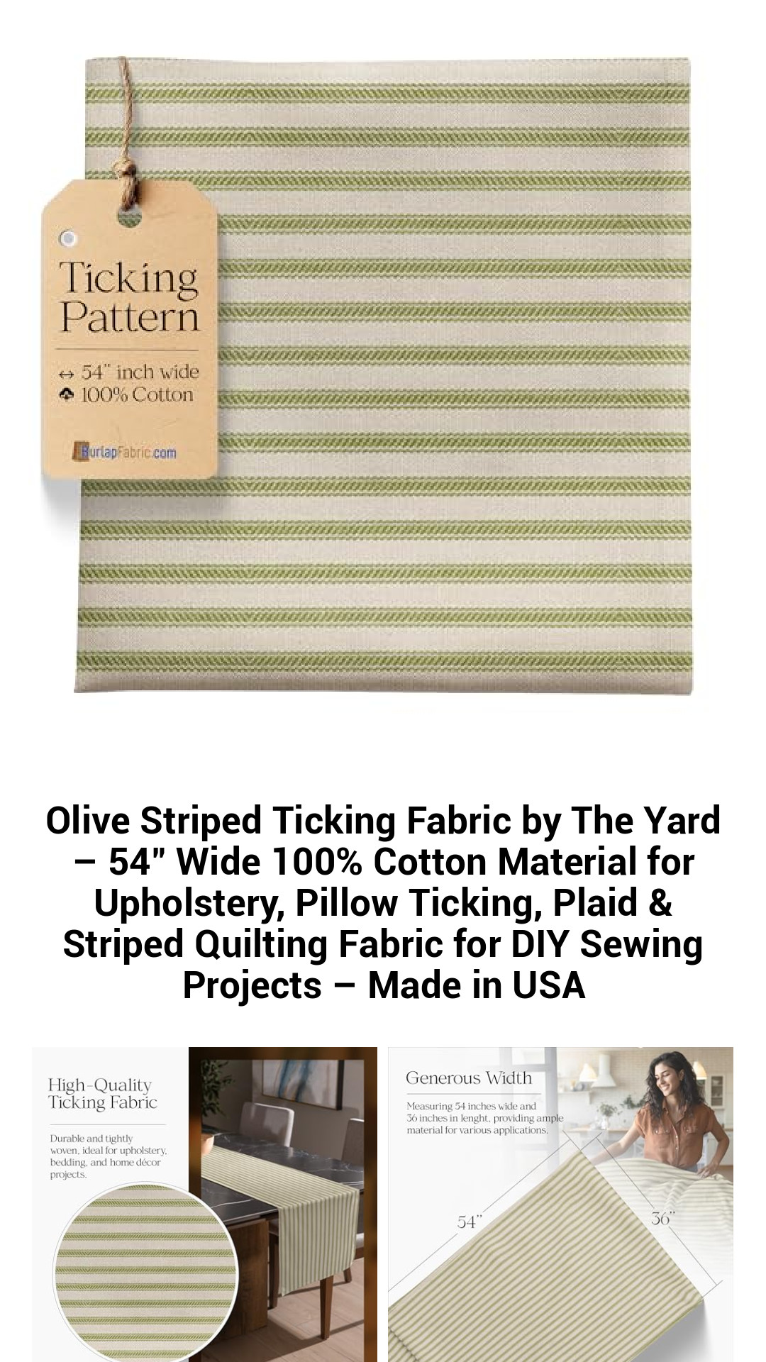Premium Olive Striped Ticking Fabric – 54" Wide 100% Cotton for Upholstery, Quilting, and Home Décor Projects – Made in the USA