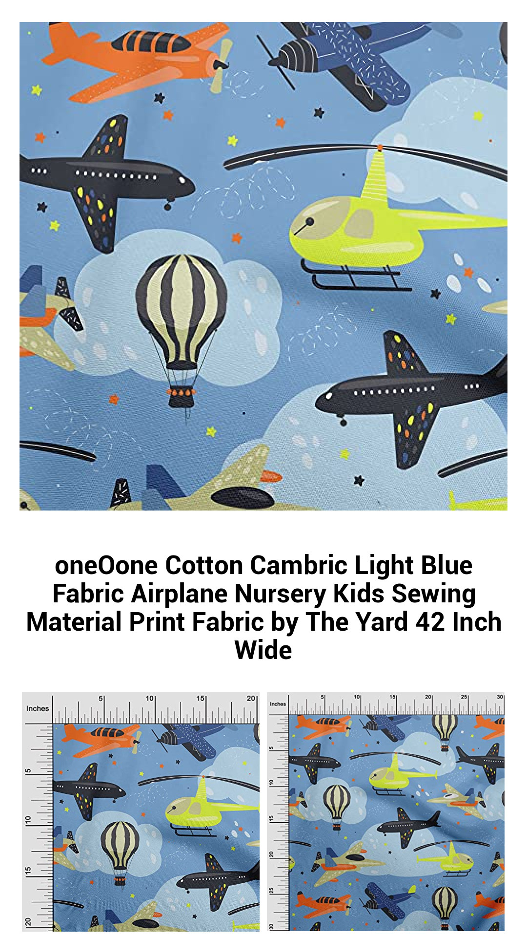 Premium Light Blue Cotton Cambric Fabric with Airplane Print for Kids' Sewing Projects - Soft, Versatile Material Sold by the Yard