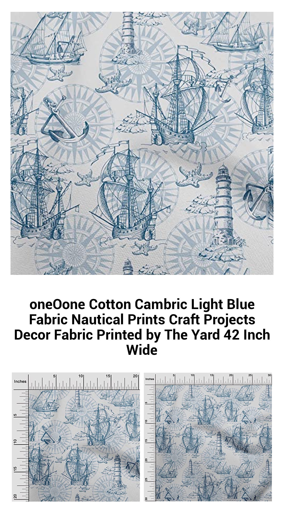 Light Blue Nautical Cotton Cambric Fabric for Crafting and Home Decor – 42 Inch Wide, Premium Quality, Printed by the Yard