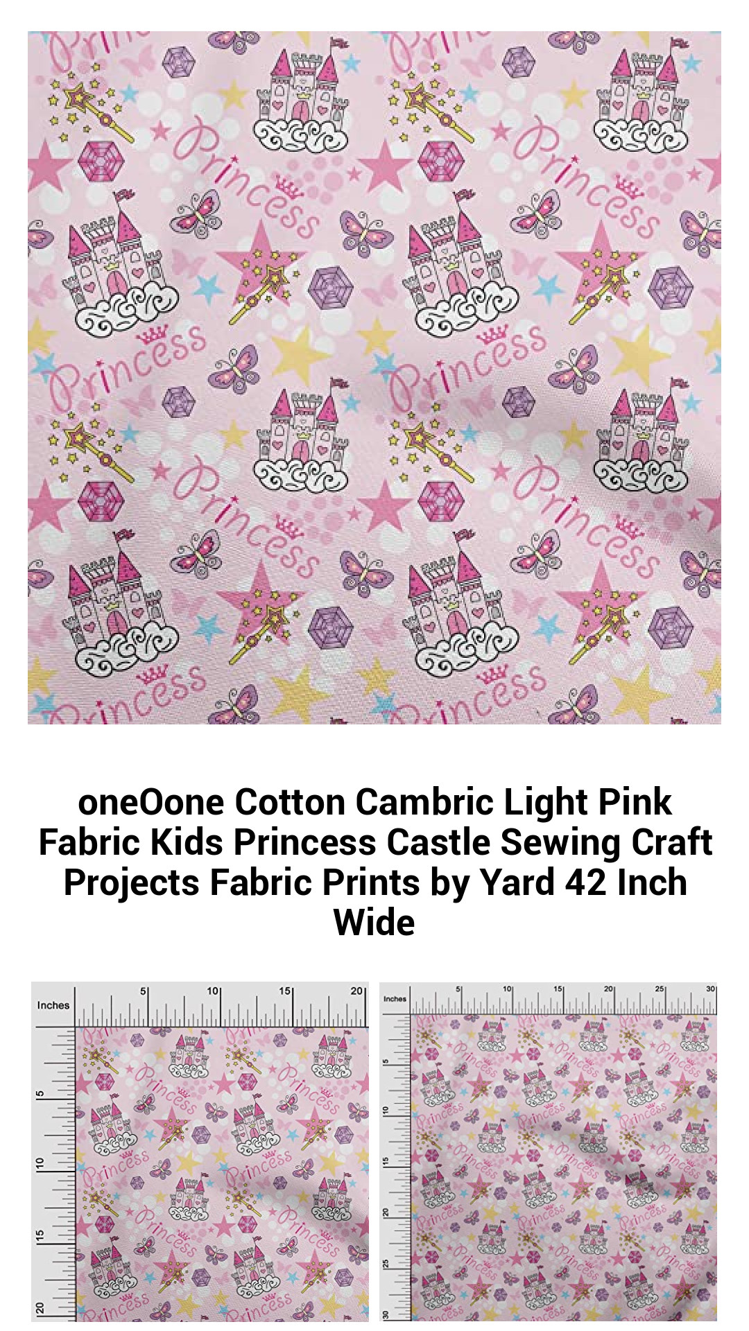 Enchanting Light Pink Cotton Cambric Fabric with Princess Castle Prints for Kids' Sewing Crafts – Perfect for Dresses, Skirts, and More, Sold by the Yard (42 Inches Wide)