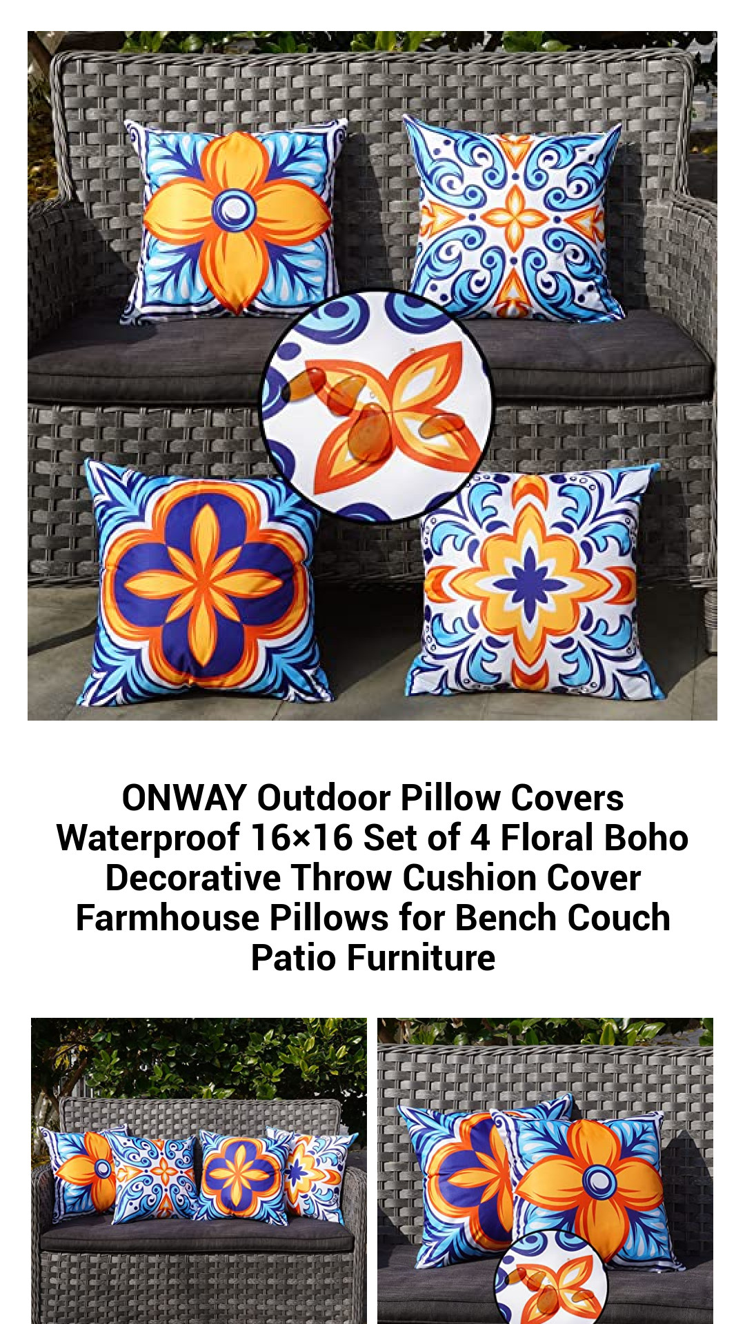 Waterproof Floral Boho Outdoor Pillow Covers - Set of 4 Decorative 16x16 Cushion Cases for Patio, Couch, and Bench