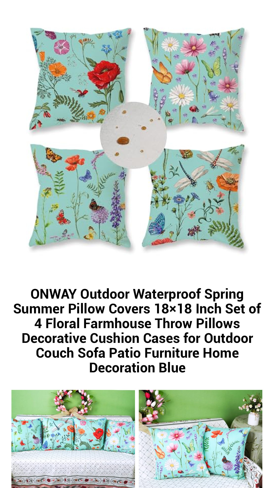 Vibrant Waterproof Floral Pillow Covers for Outdoor and Indoor Decor – 18x18 Inch Set of 4 Farmhouse Style Throw Cushion Cases in Blue