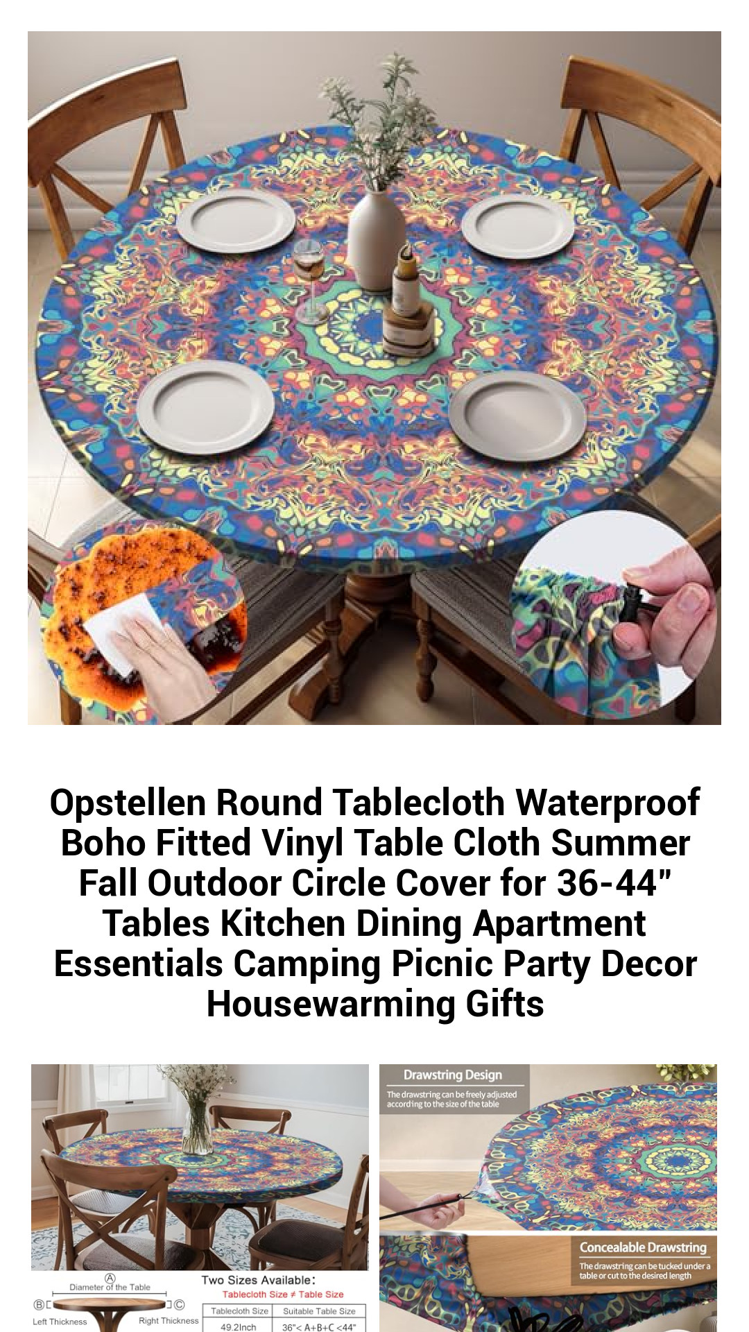 Stylish Waterproof Boho Round Tablecloth for 36-44" Tables - Perfect for Outdoor Picnics, Parties, and Home Decor