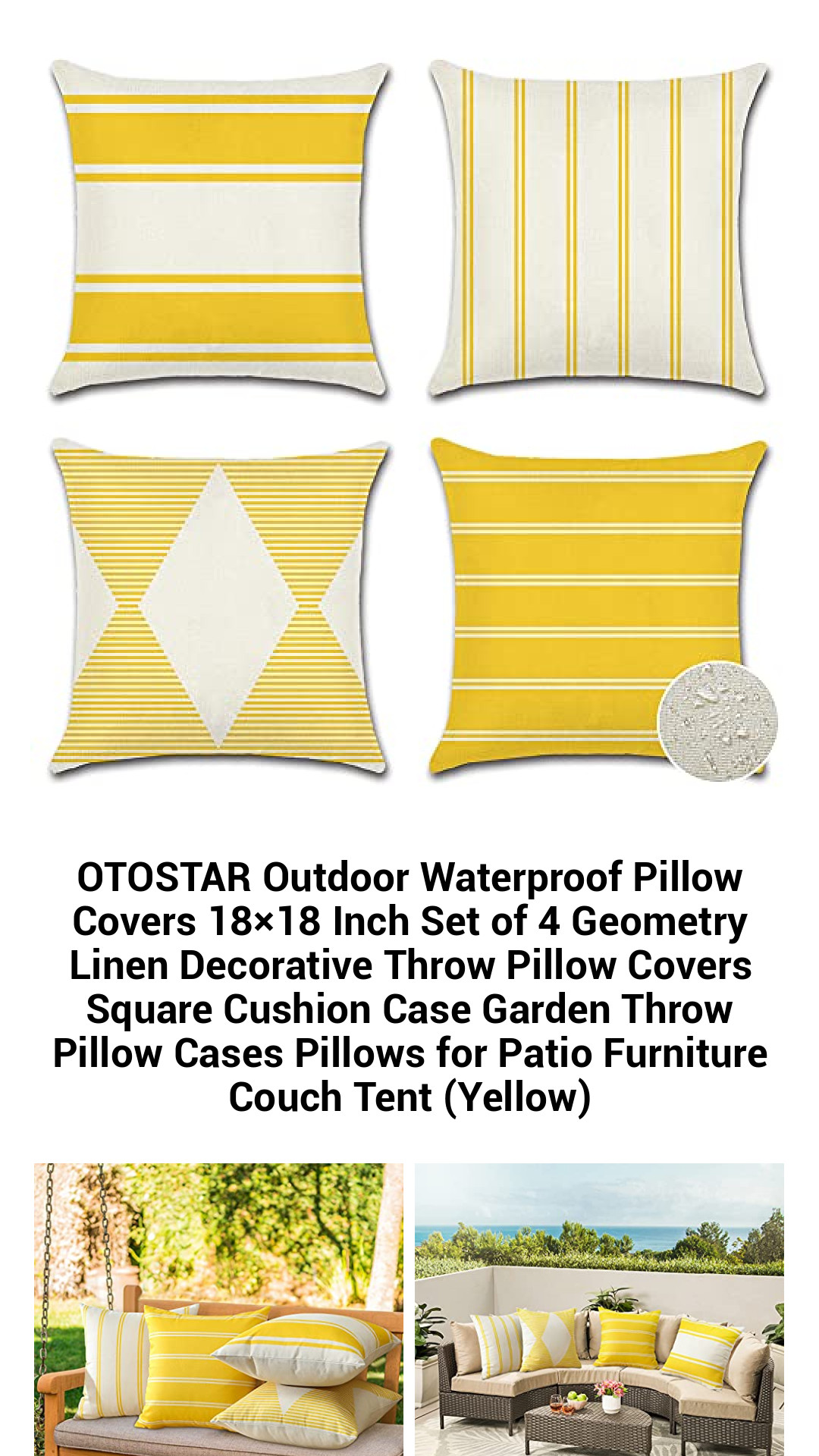 Stylish Outdoor Waterproof Pillow Covers 18x18 Inch Set of 4 - Modern Geometric Linen Decorative Cushion Cases for Patio, Garden, and Tent (Vibrant Yellow)