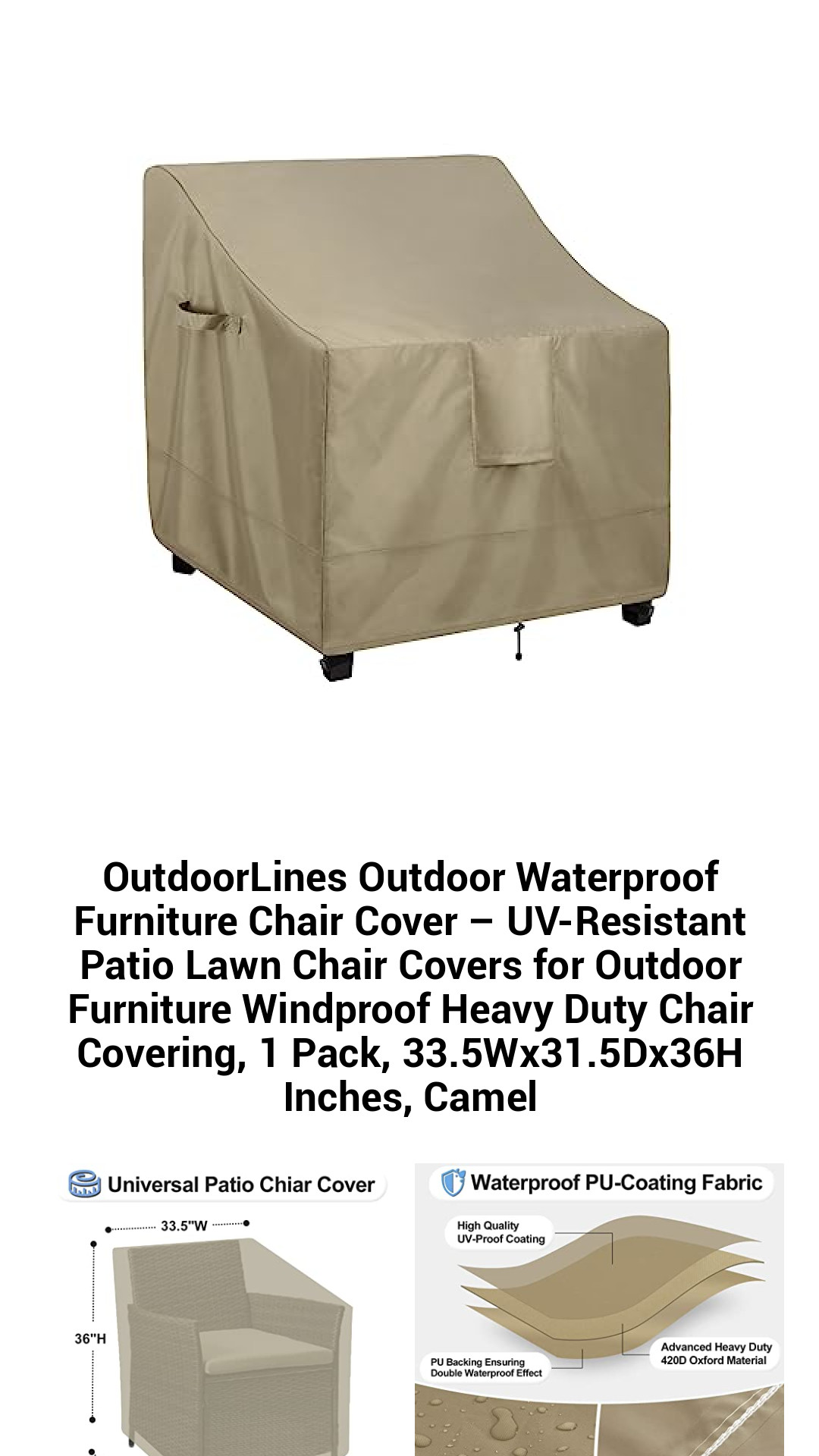 Premium Outdoor Waterproof Chair Cover – Heavy-Duty UV-Resistant Patio Protection for All Seasons – 33.5Wx31.5Dx36H Inches, Camel Color