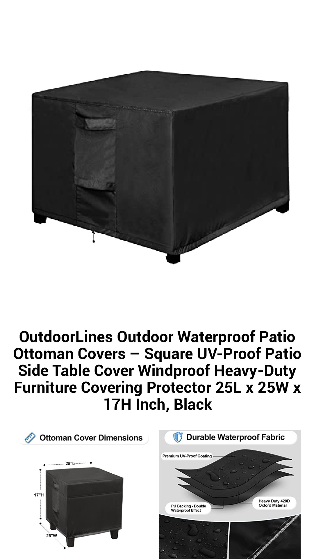 Premium Outdoor Waterproof Ottoman Covers – Heavy-Duty UV-Resistant Furniture Protectors for Square Patio Tables – 25L x 25W x 17H Inch, Sleek Black