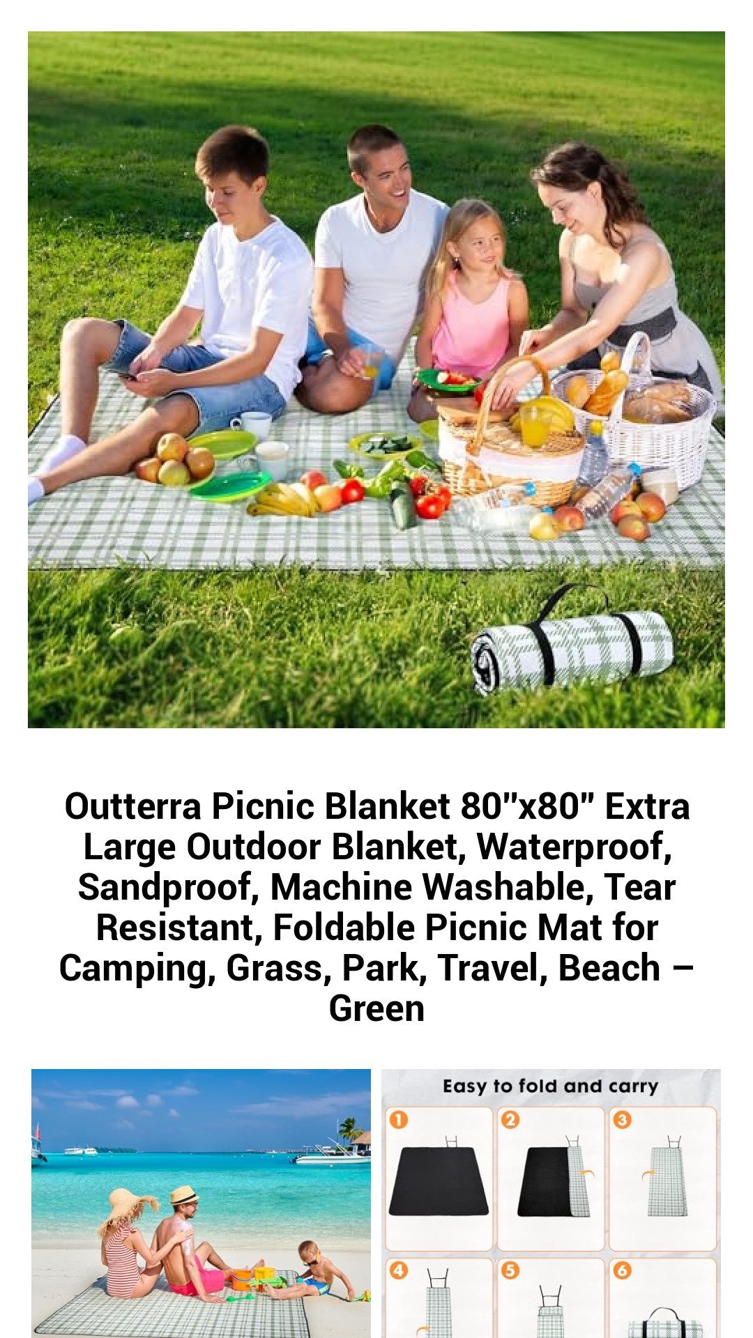 Outterra Picnic Blanket 80''x80'' Extra Large Outdoor Blanket, Waterproof, Sandproof, Machine Washable, Tear Resistant, Foldable Picnic Mat for Camping, Grass, Park, Travel, Beach – Green Outterra Picnic Blanket 80''x80'' Extra Large Outdoor Blanket, Waterproof, Sandproof, Machine Washable, Tear Resistant, Foldable Picnic Mat for Camping, Grass, Park, Travel, Beach – Green