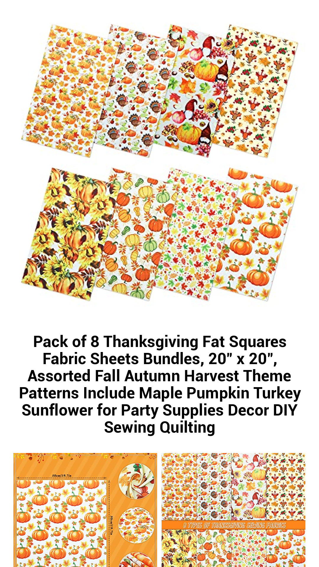 Premium Pack of 8 Fall-Themed 20"x20" Fat Squares Fabric Sheets for DIY Projects – Vibrant Patterns Featuring Maple Leaves, Pumpkins, Turkeys & Sunflowers for Thanksgiving Decor and Sewing