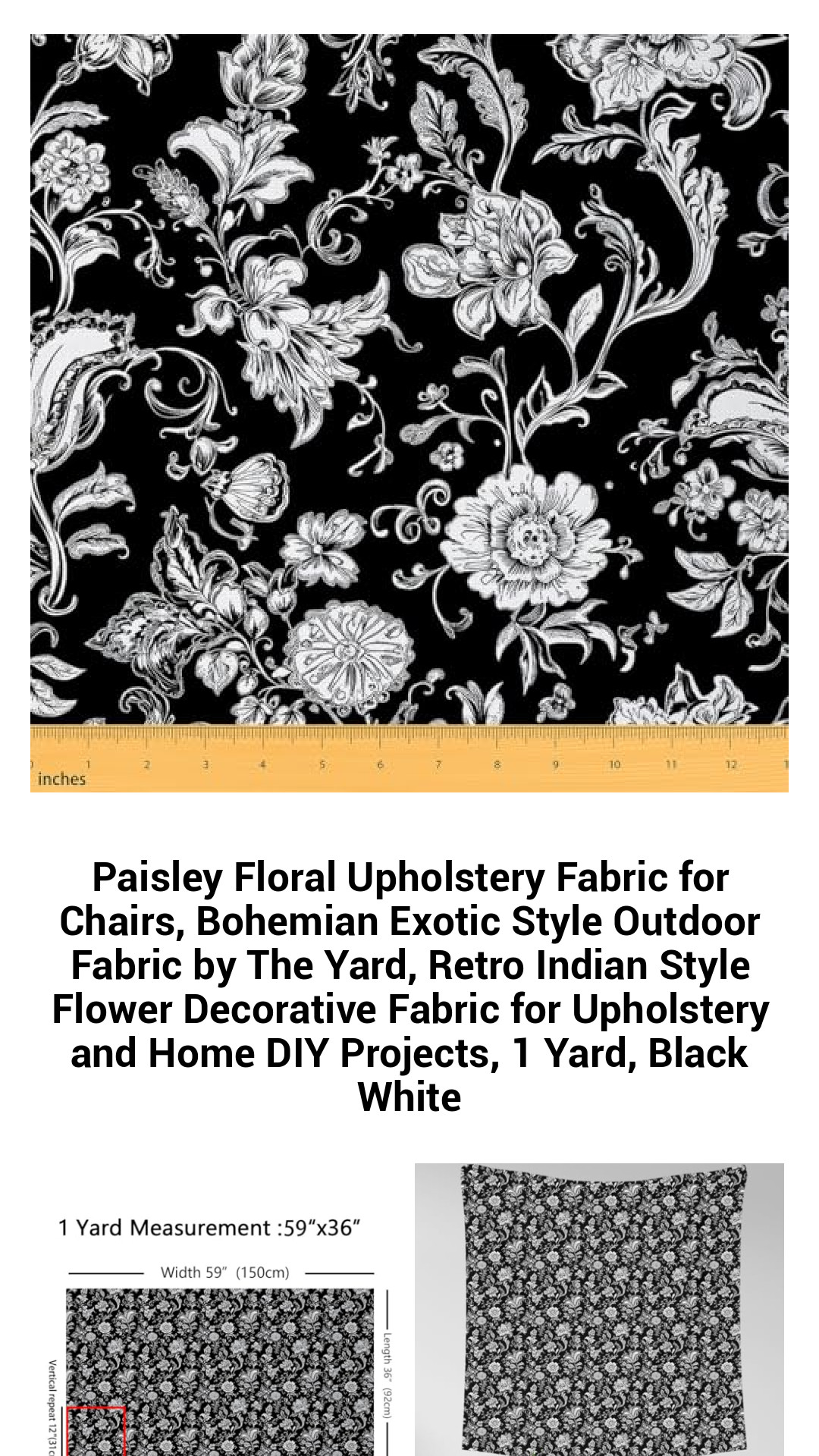 Stunning Paisley Floral Upholstery Fabric for Chic Outdoor Living, Versatile Bohemian Style for Home Décor and DIY Crafts, Premium Quality Black and White Design, Sold by the Yard