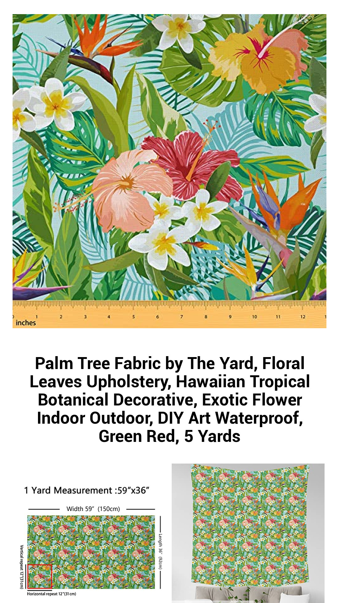 Vibrant Tropical Palm Tree Fabric by the Yard - Waterproof Floral Upholstery for DIY Home Decor and Outdoor Projects