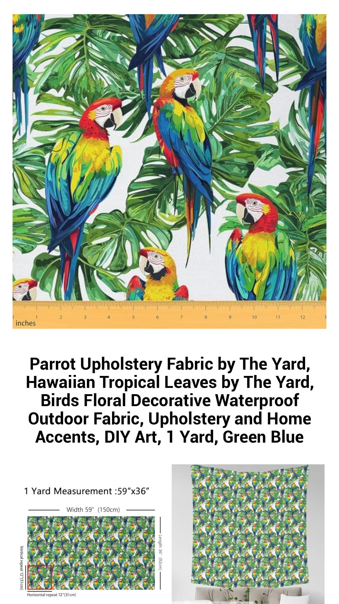 Vibrant Hawaiian Tropical Parrot Upholstery Fabric - Waterproof, Birds & Floral Design by the Yard for DIY Projects and Outdoor Furniture