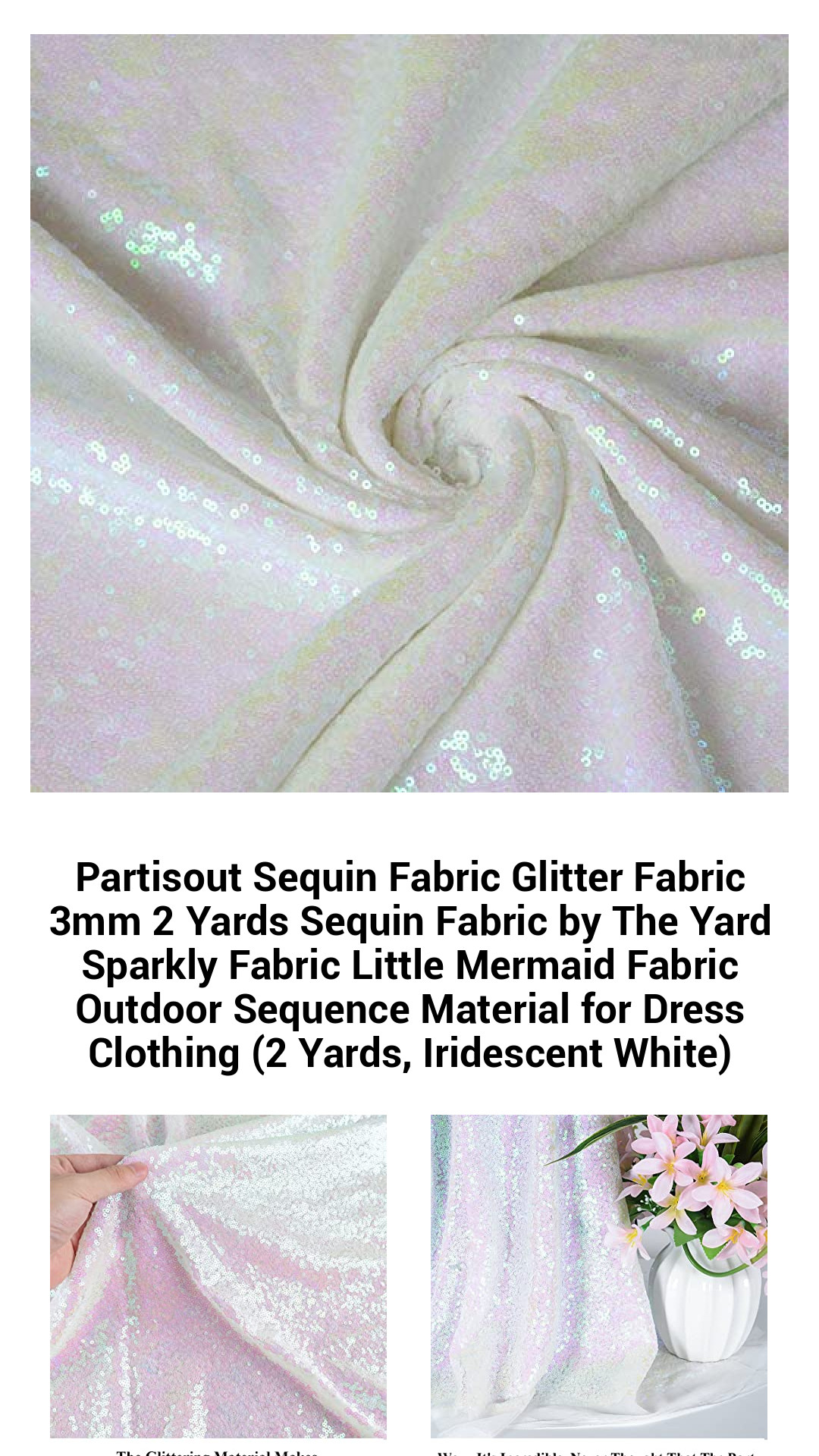 Iridescent White Sequin Fabric - Sparkly 3mm Glitter Material for Dresses, Costumes, and Decorations (2 Yards)