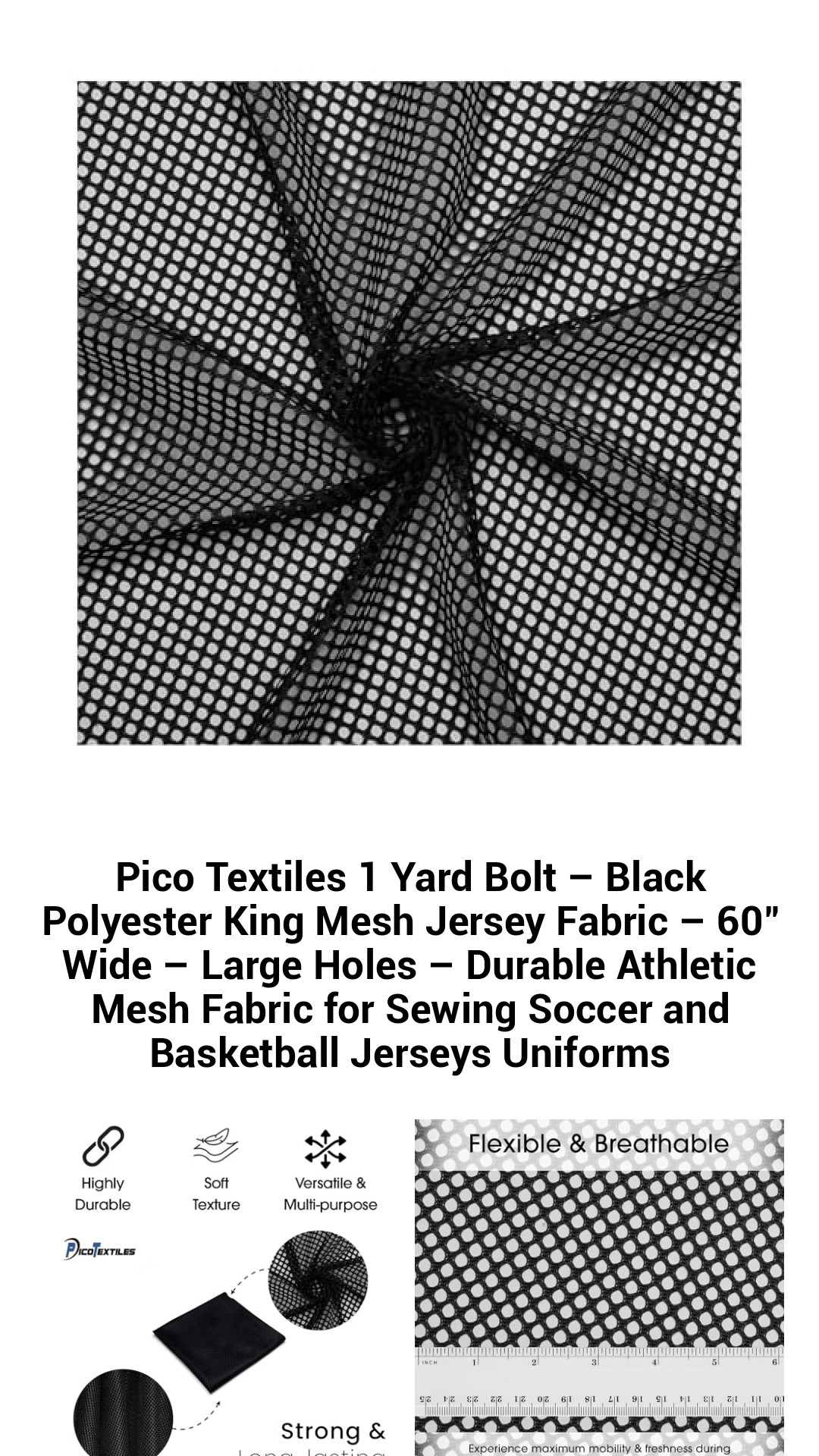Pico Textiles 1 Yard Bolt – Black Polyester King Mesh Jersey Fabric – 60" Wide – Large Holes – Durable Athletic Mesh Fabric for Sewing Soccer and Basketball Jerseys Uniforms Pico Textiles 1 Yard Bolt – Black Polyester King Mesh Jersey Fabric – 60" Wide – Large Holes – Durable Athletic Mesh Fabric for Sewing Soccer and Basketball Jerseys Uniforms