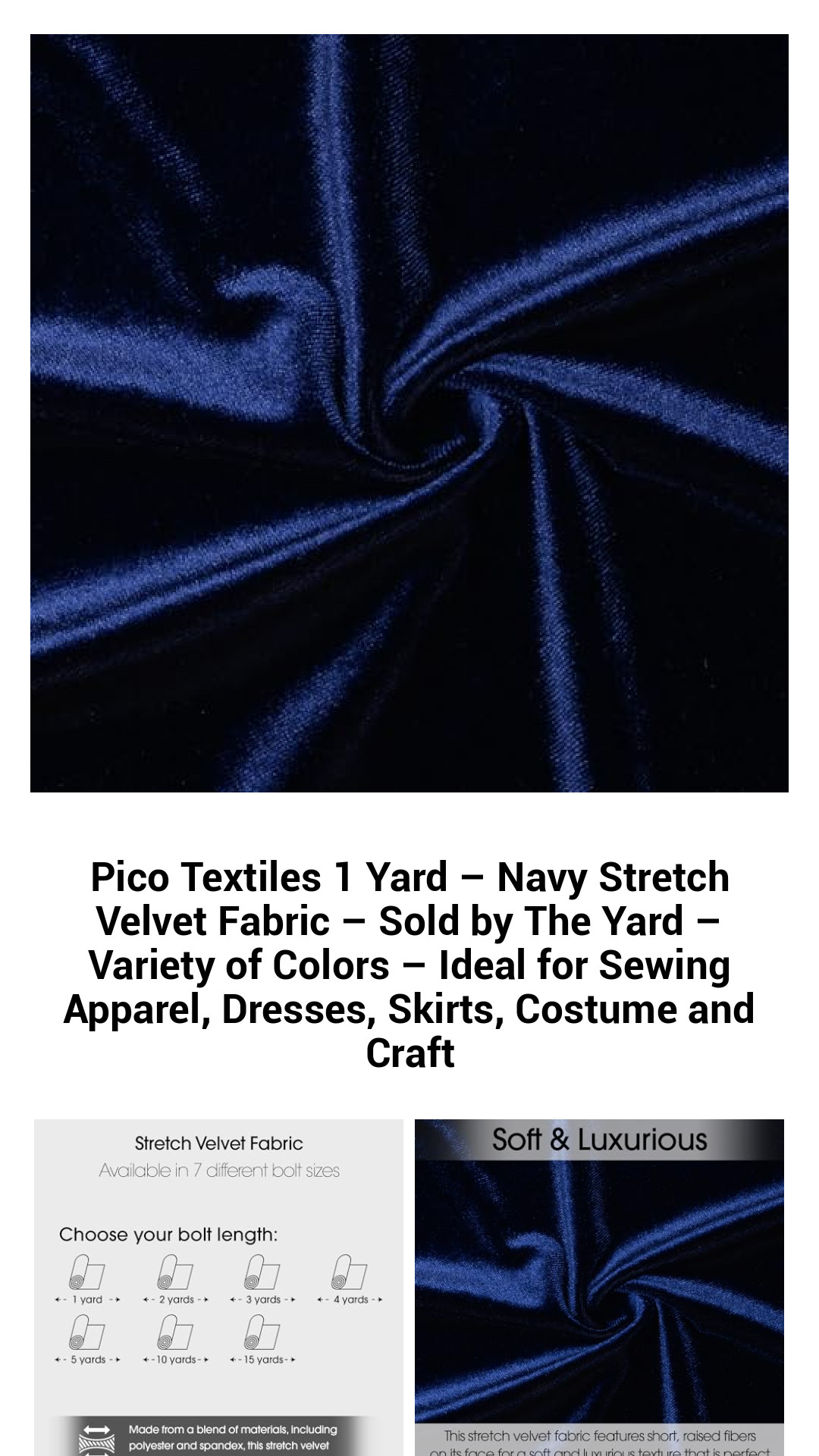 Pico Textiles 1 Yard – Navy Stretch Velvet Fabric – Sold by The Yard – Variety of Colors – Ideal for Sewing Apparel, Dresses, Skirts, Costume and Craft Pico Textiles 1 Yard – Navy Stretch Velvet Fabric – Sold by The Yard – Variety of Colors – Ideal for Sewing Apparel, Dresses, Skirts, Costume and Craft