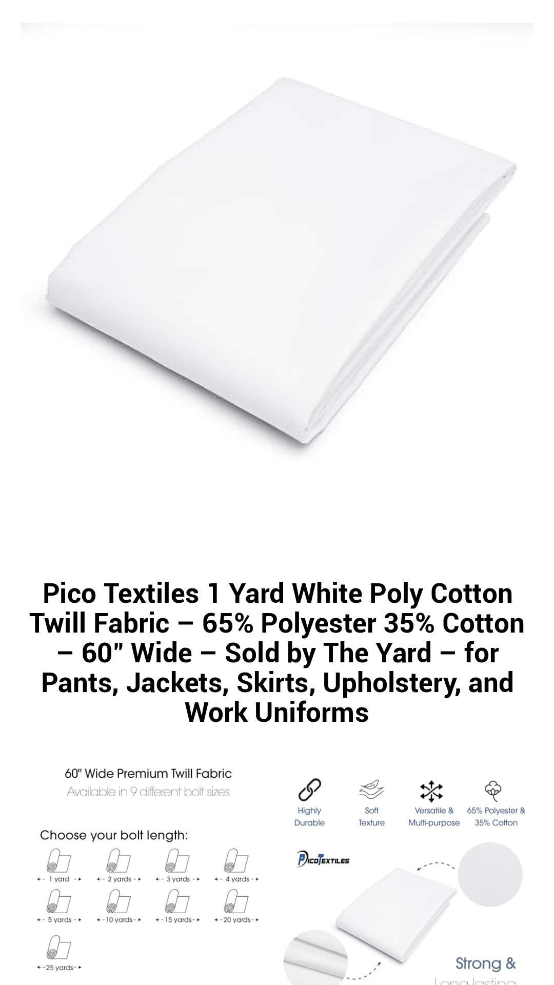 Versatile White Poly Cotton Twill Fabric - 65% Polyester, 35% Cotton, 60" Wide - Ideal for Crafting Pants, Jackets, Upholstery & More