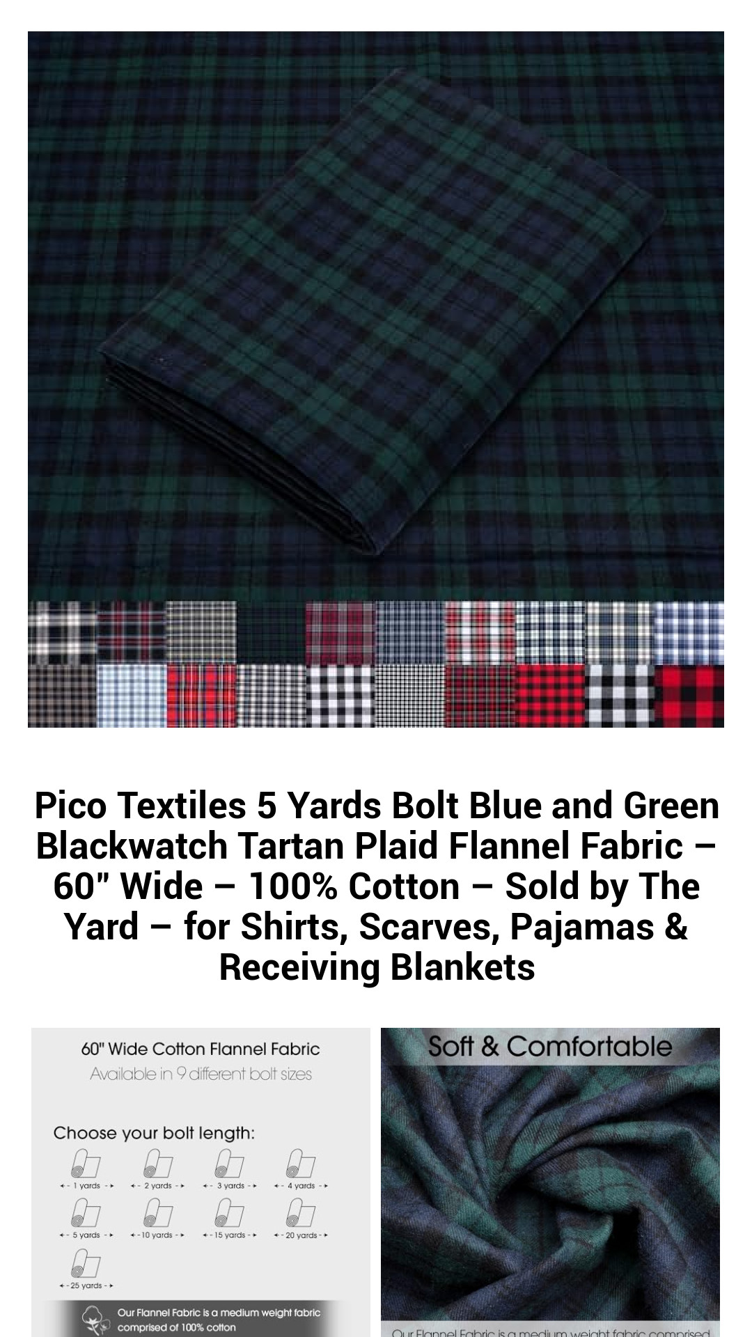 Luxurious Blue and Green Blackwatch Tartan Plaid Flannel Fabric – 60" Wide, 100% Cotton – 5 Yards Bolt for Cozy Shirts, Stylish Scarves, and Soft Pajamas