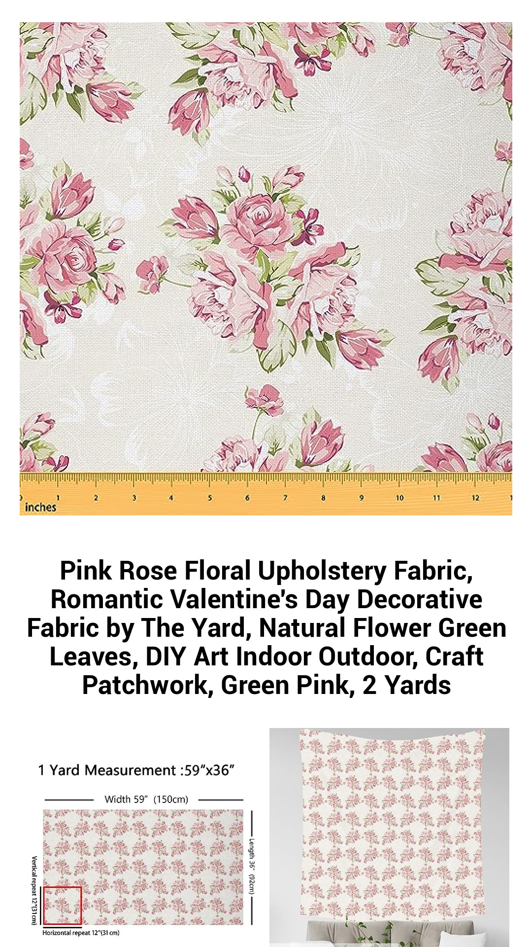 Pink Rose Floral Upholstery Fabric, Romantic Valentine's Day Decorative Fabric by The Yard, Natural Flower Green Leaves, DIY Art Indoor Outdoor, Craft Patchwork, Green Pink, 2 Yards Pink Rose Floral Upholstery Fabric, Romantic Valentine's Day Decorative Fabric by The Yard, Natural Flower Green Leaves, DIY Art Indoor Outdoor, Craft Patchwork, Green Pink, 2 Yards