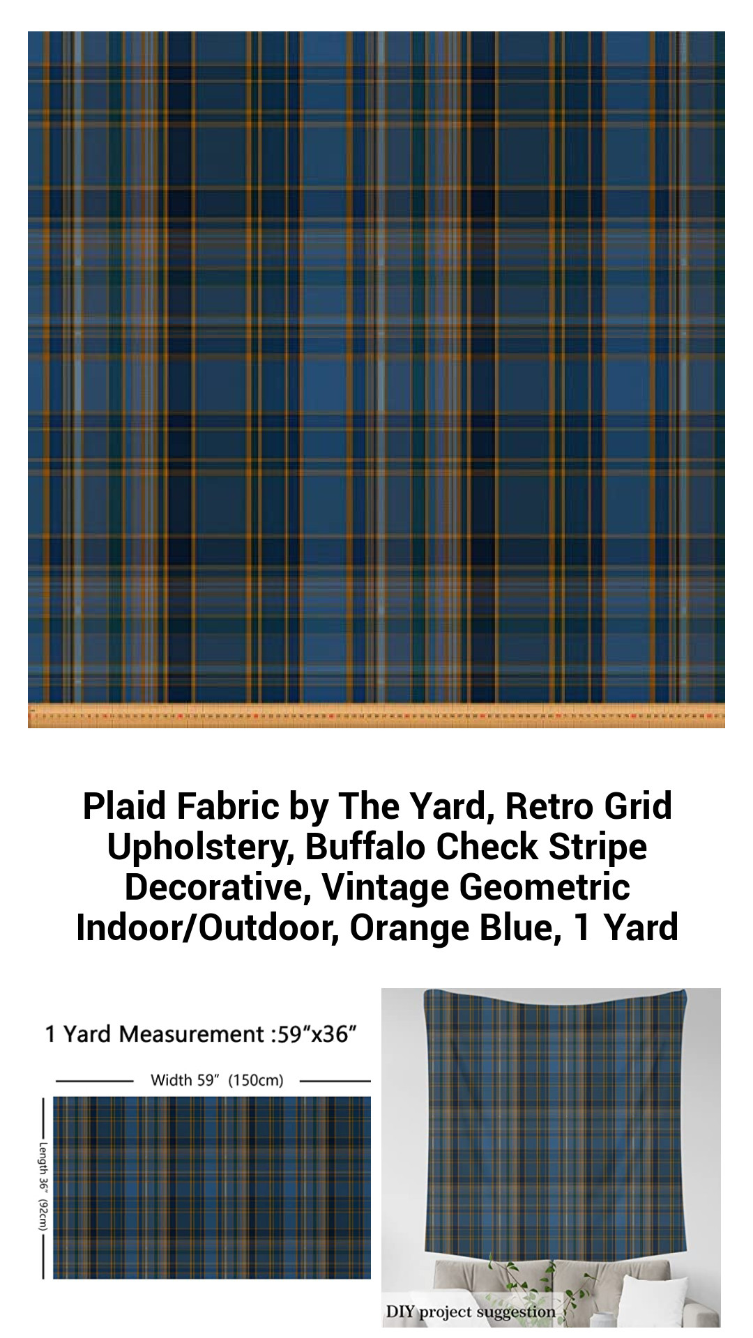 Plaid Fabric by The Yard, Retro Grid Upholstery, Buffalo Check Stripe Decorative, Vintage Geometric Indoor/Outdoor, Orange Blue, 1 Yard Plaid Fabric by The Yard, Retro Grid Upholstery, Buffalo Check Stripe Decorative, Vintage Geometric Indoor/Outdoor, Orange Blue, 1 Yard