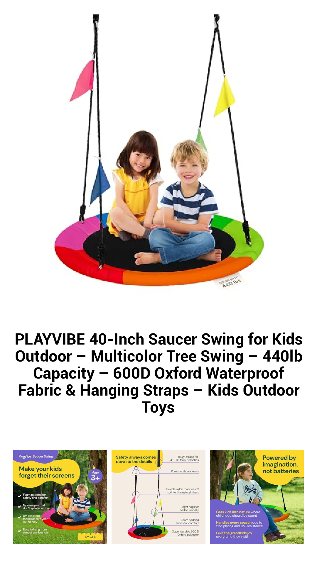 PLAYVIBE 40-Inch Saucer Swing for Kids Outdoor – Multicolor Tree Swing – 440lb Capacity – 600D Oxford Waterproof Fabric & Hanging Straps – Kids Outdoor Toys PLAYVIBE 40-Inch Saucer Swing for Kids Outdoor – Multicolor Tree Swing – 440lb Capacity – 600D Oxford Waterproof Fabric & Hanging Straps – Kids Outdoor Toys
