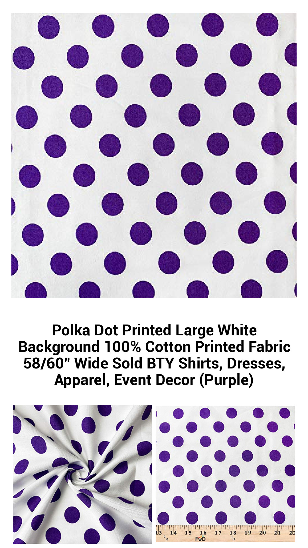 Vibrant Purple Polka Dot Cotton Fabric – 100% Premium Quality, 58/60" Wide, Perfect for Clothing, Events, and Crafting