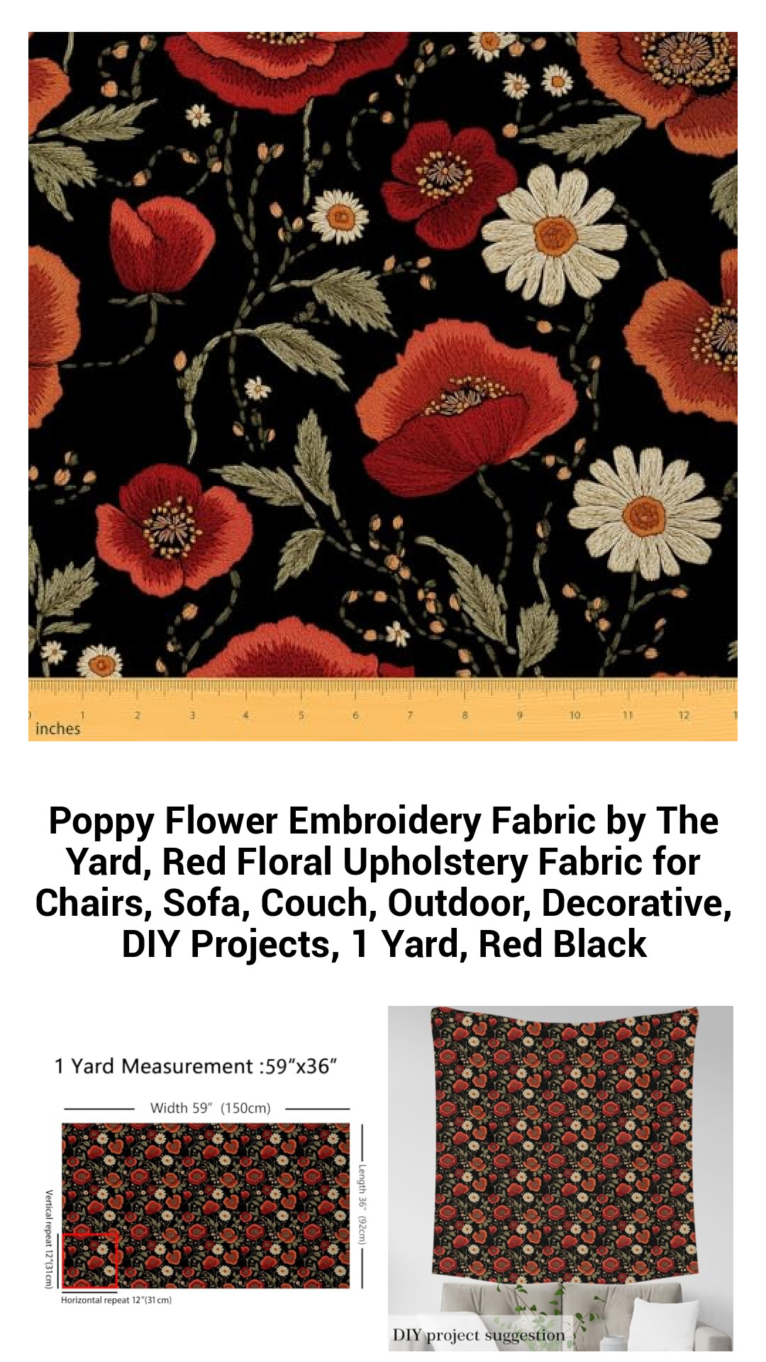 Vibrant Poppy Flower Embroidery Fabric - Premium Red Floral Upholstery by the Yard for Chic Chairs, Sofas, Outdoor Decor, and DIY Creations