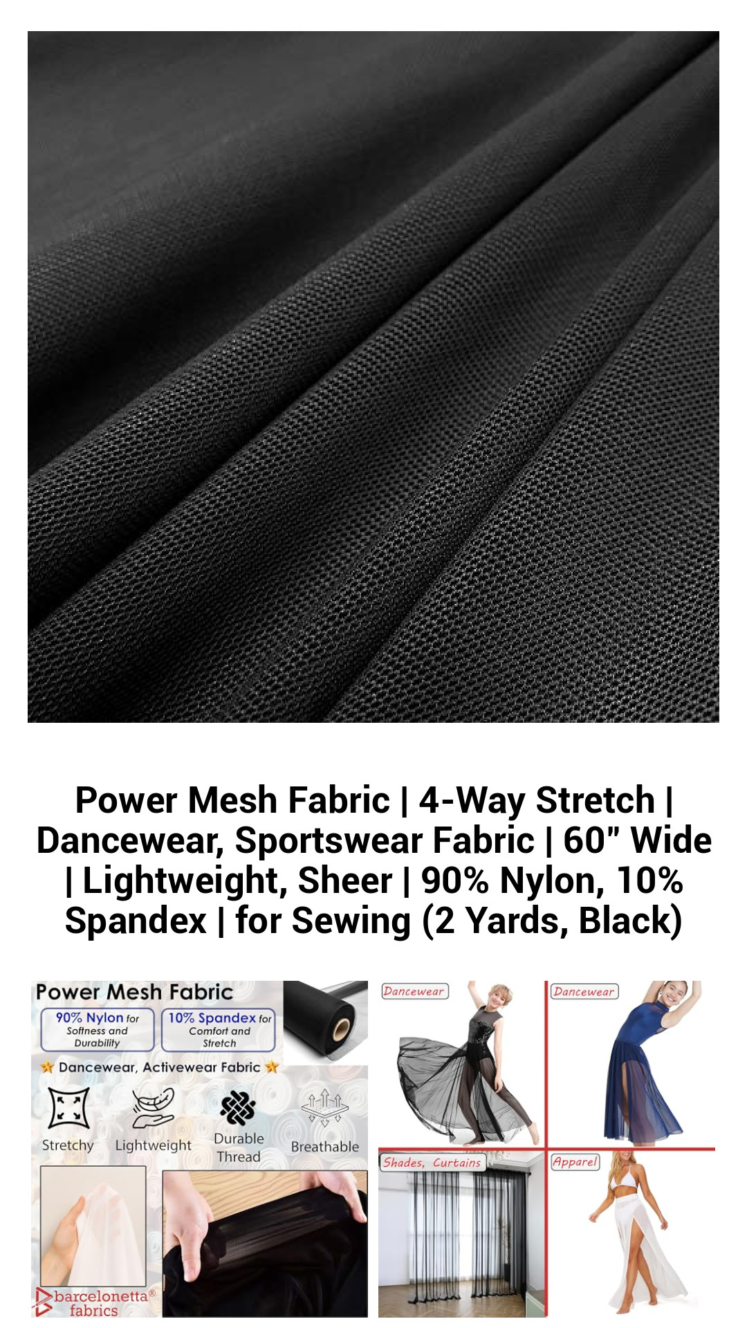 Premium Power Mesh Fabric - 4-Way Stretch Dance & Sportswear Material | Lightweight & Sheer | 60" Wide | 90% Nylon, 10% Spandex (2 Yards, Black)