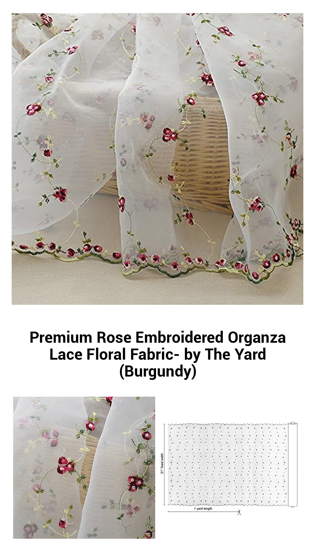 Premium Rose Embroidered Organza Lace Floral Fabric- by The Yard (Burgundy) Premium Rose Embroidered Organza Lace Floral Fabric- by The Yard (Burgundy)