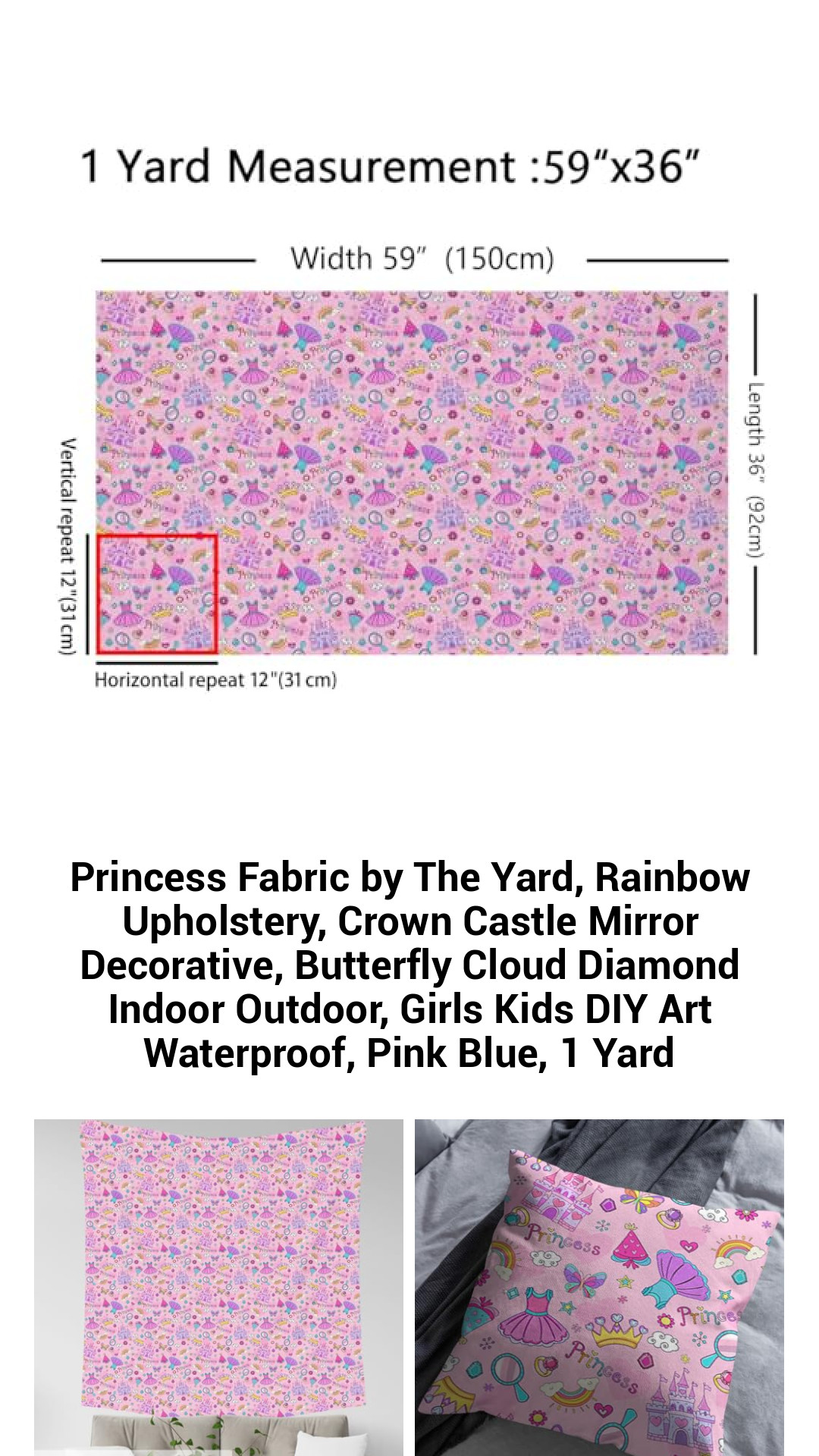 Princess Fabric by The Yard, Rainbow Upholstery, Crown Castle Mirror Decorative, Butterfly Cloud Diamond Indoor Outdoor, Girls Kids DIY Art Waterproof, Pink Blue, 1 Yard Princess Fabric by The Yard, Rainbow Upholstery, Crown Castle Mirror Decorative, Butterfly Cloud Diamond Indoor Outdoor, Girls Kids DIY Art Waterproof, Pink Blue, 1 Yard