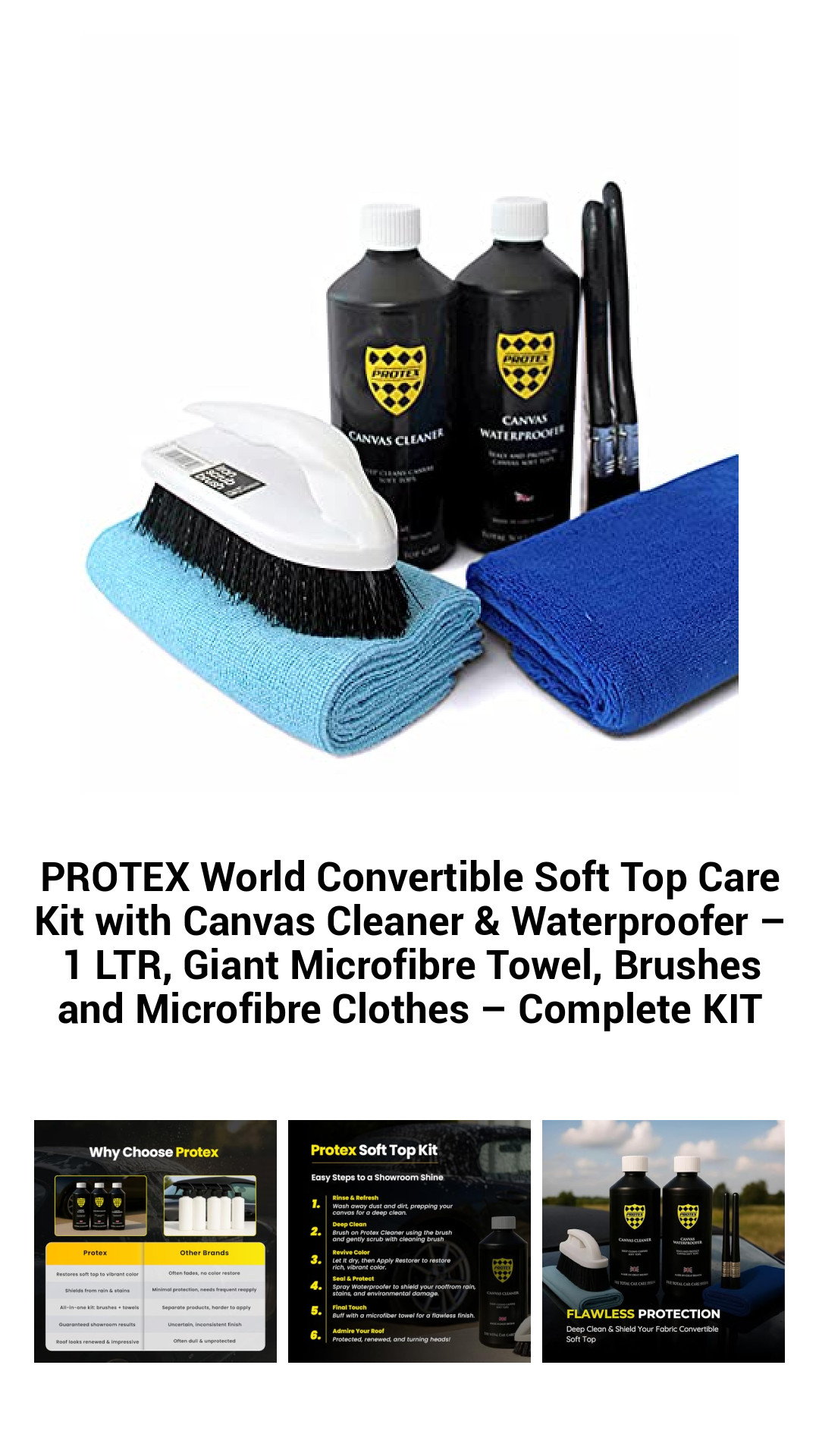 Premium PROTEX Convertible Soft Top Care Kit - Complete Cleaning & Waterproofing Solution with Canvas Cleaner, Waterproofer, Microfiber Towels & Brushes
