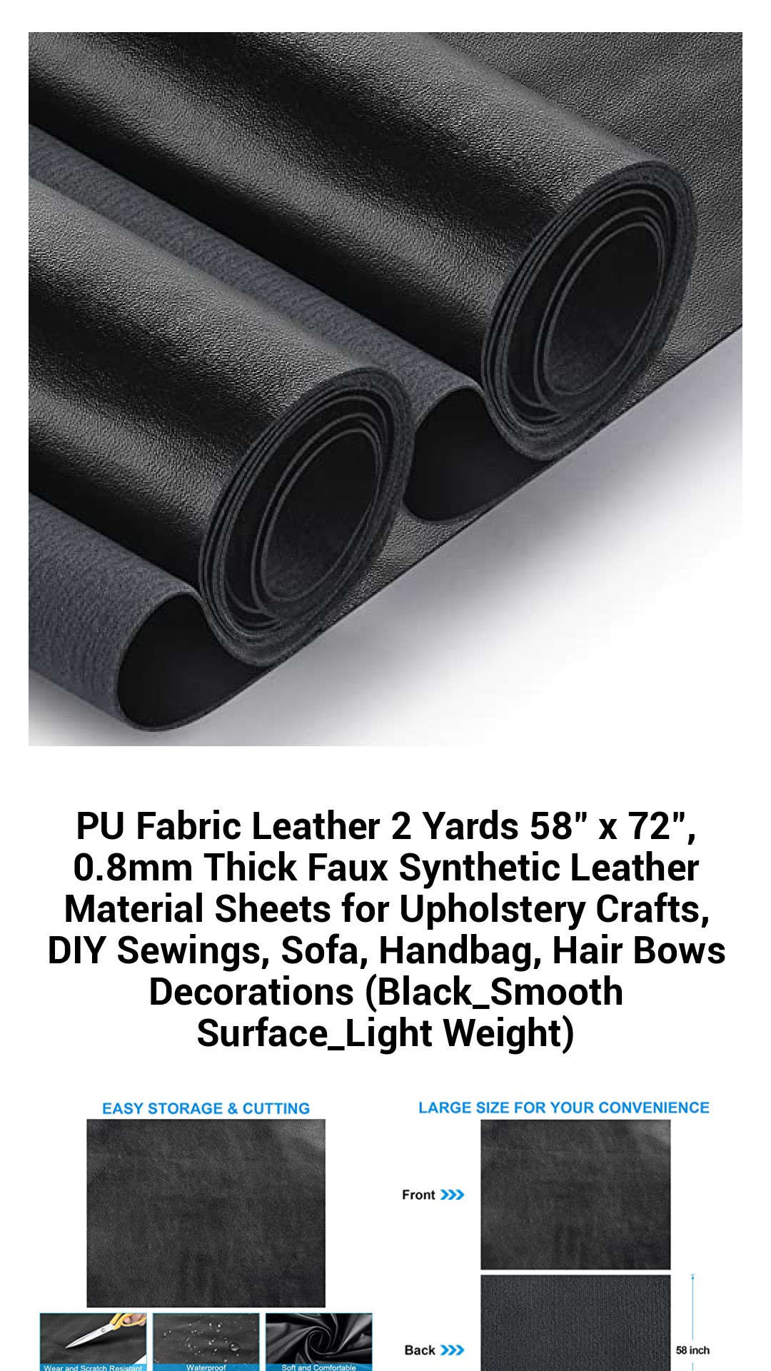PU Fabric Leather 2 Yards 58" x 72", 0.8mm Thick Faux Synthetic Leather Material Sheets for Upholstery Crafts, DIY Sewings, Sofa, Handbag, Hair Bows Decorations (Black_Smooth Surface_Light Weight) PU Fabric Leather 2 Yards 58" x 72", 0.8mm Thick Faux Synthetic Leather Material Sheets for Upholstery Crafts, DIY Sewings, Sofa, Handbag, Hair Bows Decorations (Black_Smooth Surface_Light Weight)