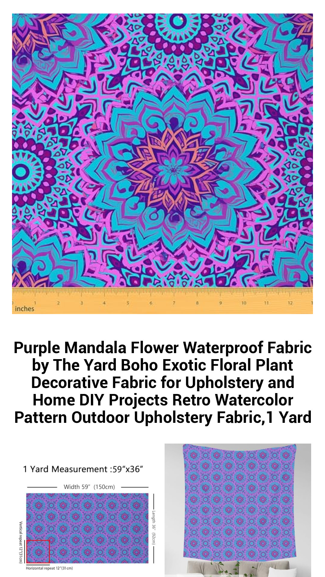 Vibrant Purple Mandala Waterproof Fabric - Boho Chic Floral Upholstery Material for DIY Projects, Home Decor, and Outdoor Use