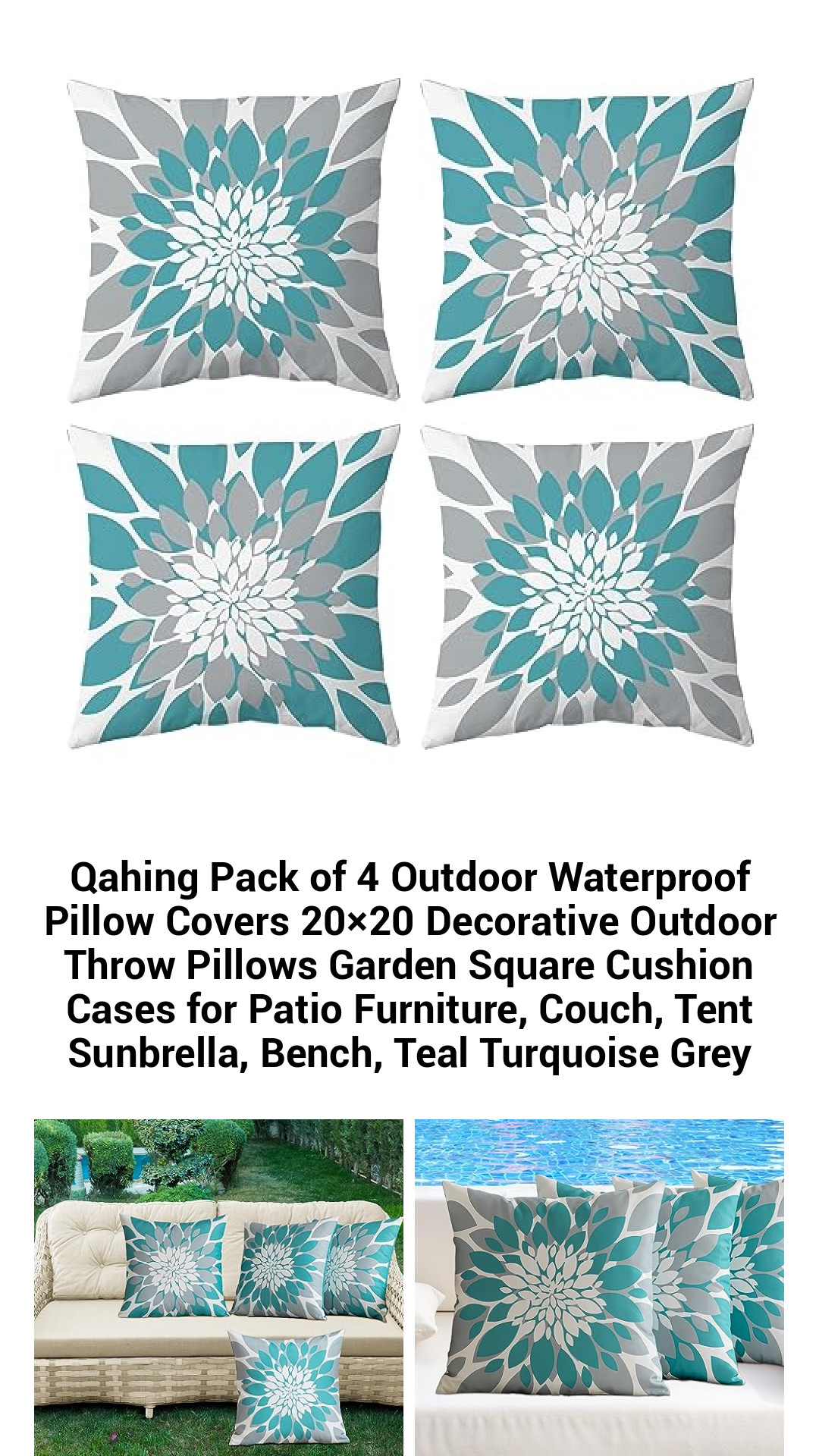 Stylish Waterproof Outdoor Pillow Covers - Set of 4 Decorative 20x20 Cushions for Garden, Patio, and Home Decor in Teal and Grey