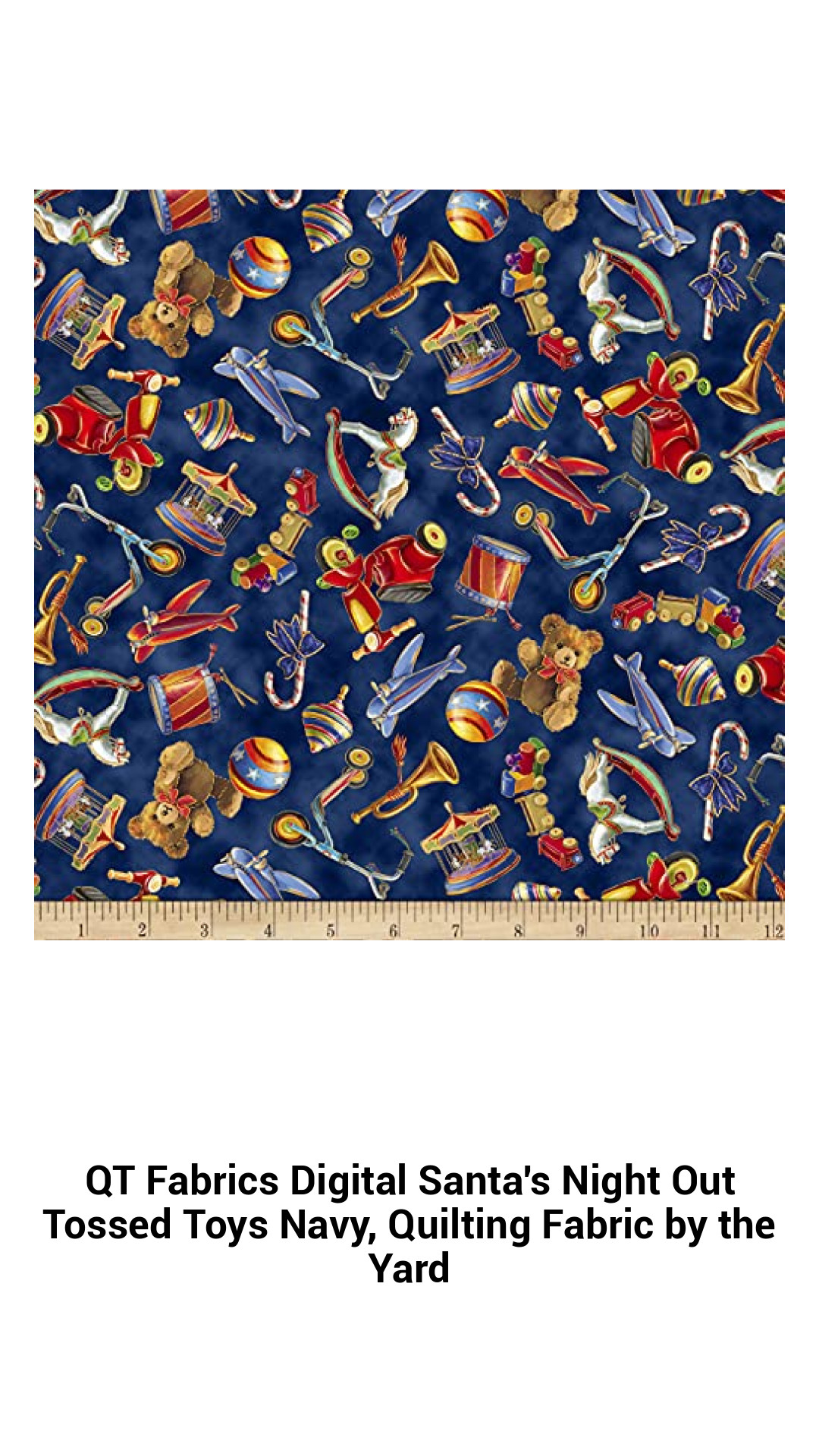 Festive Navy Quilting Fabric featuring Santa's Night Out Tossed Toys - Perfect for Creative Sewing Projects