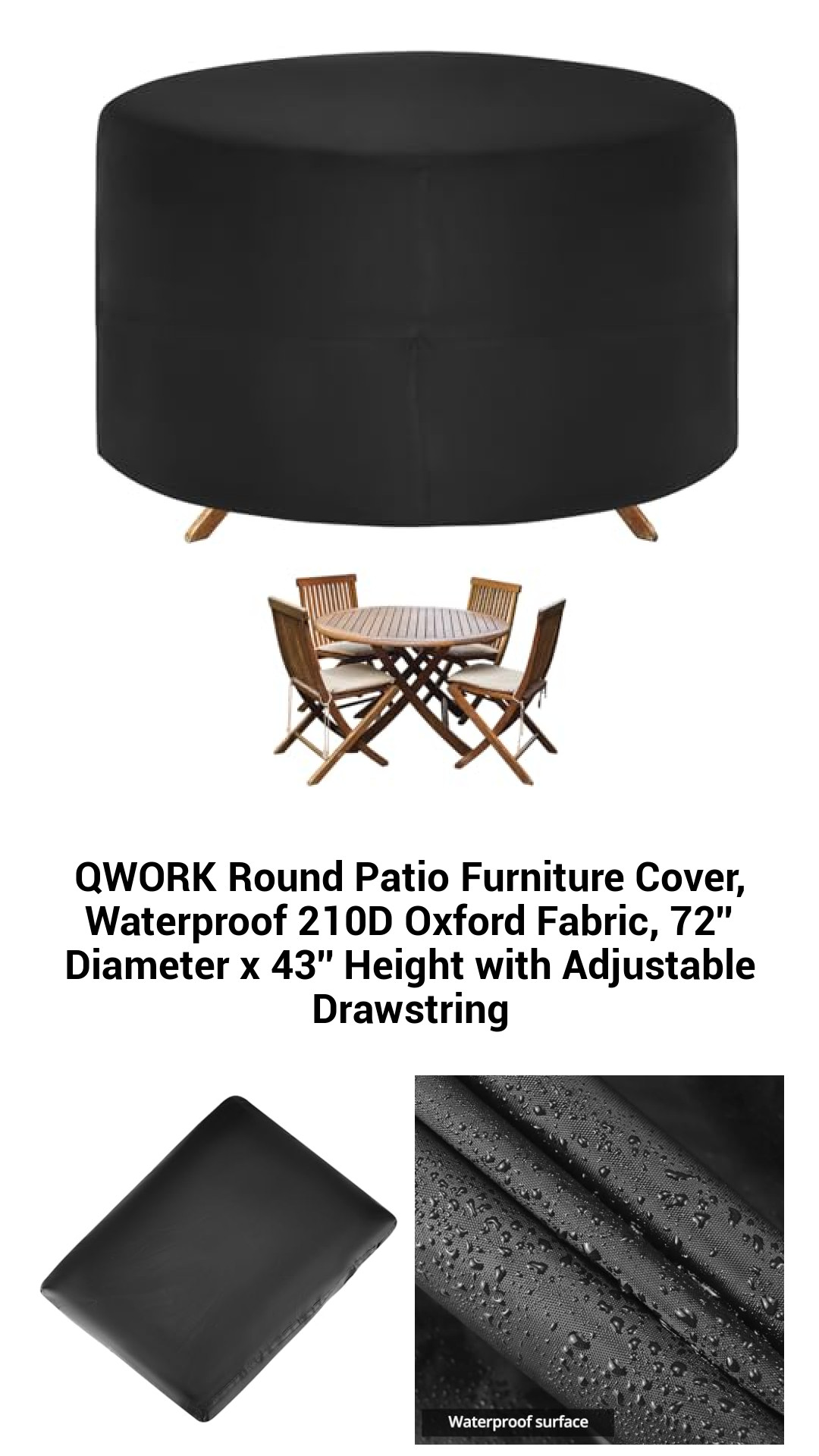 QWORK Round Patio Furniture Cover, Waterproof 210D Oxford Fabric, 72'' Diameter x 43'' Height with Adjustable Drawstring QWORK Round Patio Furniture Cover, Waterproof 210D Oxford Fabric, 72'' Diameter x 43'' Height with Adjustable Drawstring