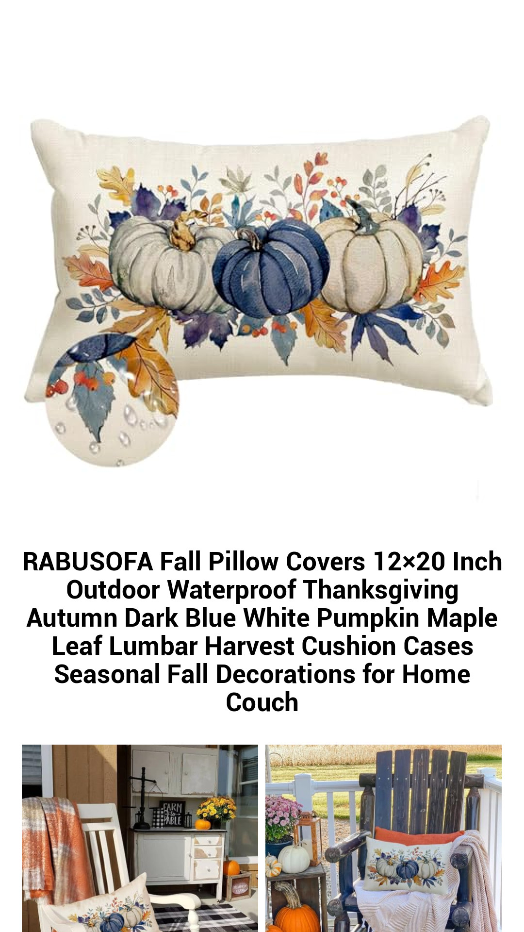Chic Outdoor Waterproof Fall Pillow Covers 12x20 Inch - Autumn-Themed Dark Blue Pumpkin & Maple Leaf Lumbar Cushion Cases for Cozy Seasonal Home Décor