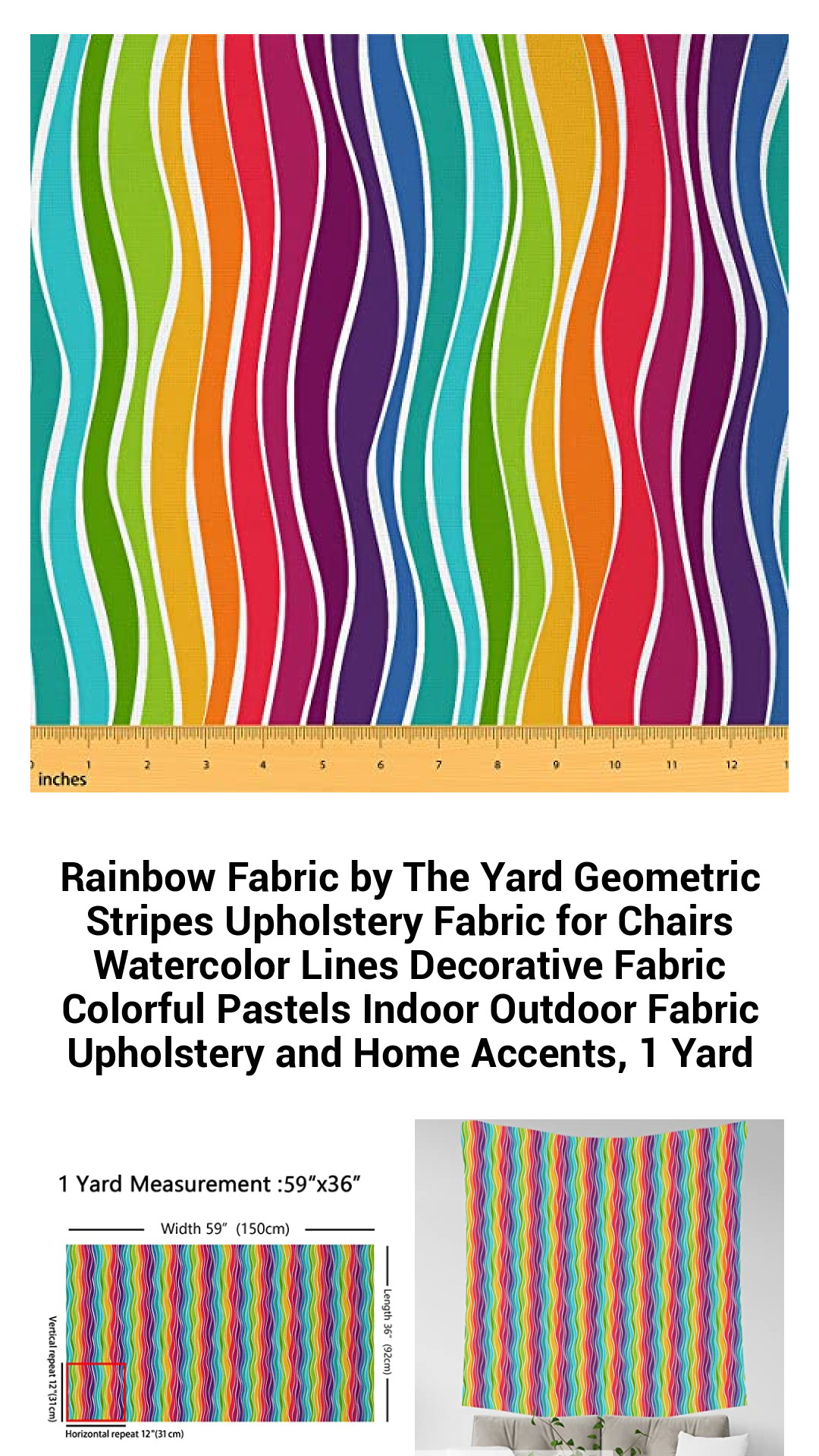 Vibrant Rainbow Geometric Upholstery Fabric - Colorful Pastel Stripes for Indoor and Outdoor Decor, 1 Yard
